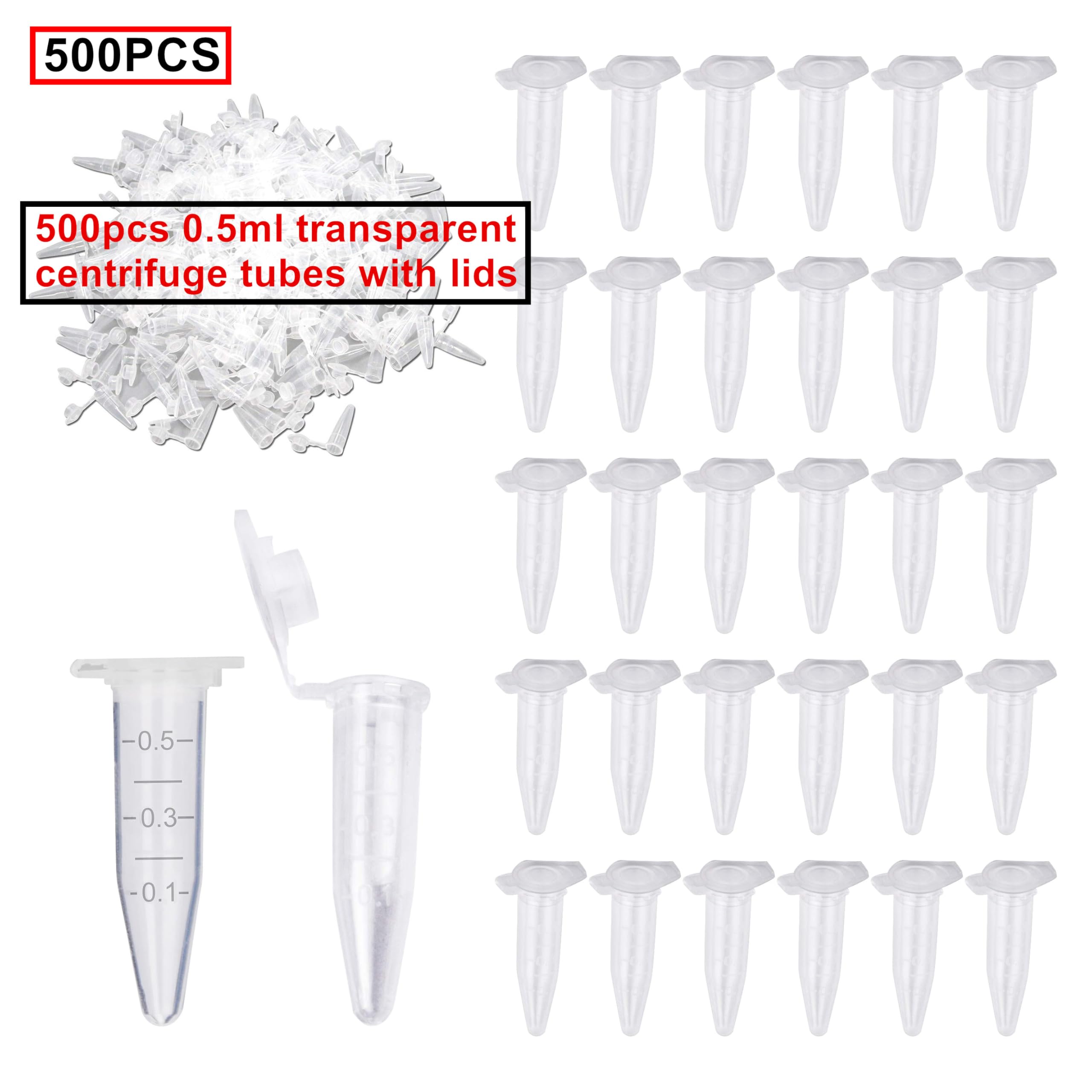 500 Pièces Tube Microcentrifugeuse,0.5ML Tube à Centrifuger Conique,Récipients à Réaction avec Snap Capuchon,pour l'analyse d'échantillons en Laboratoire Conteneur de Stockage d'Échantillons