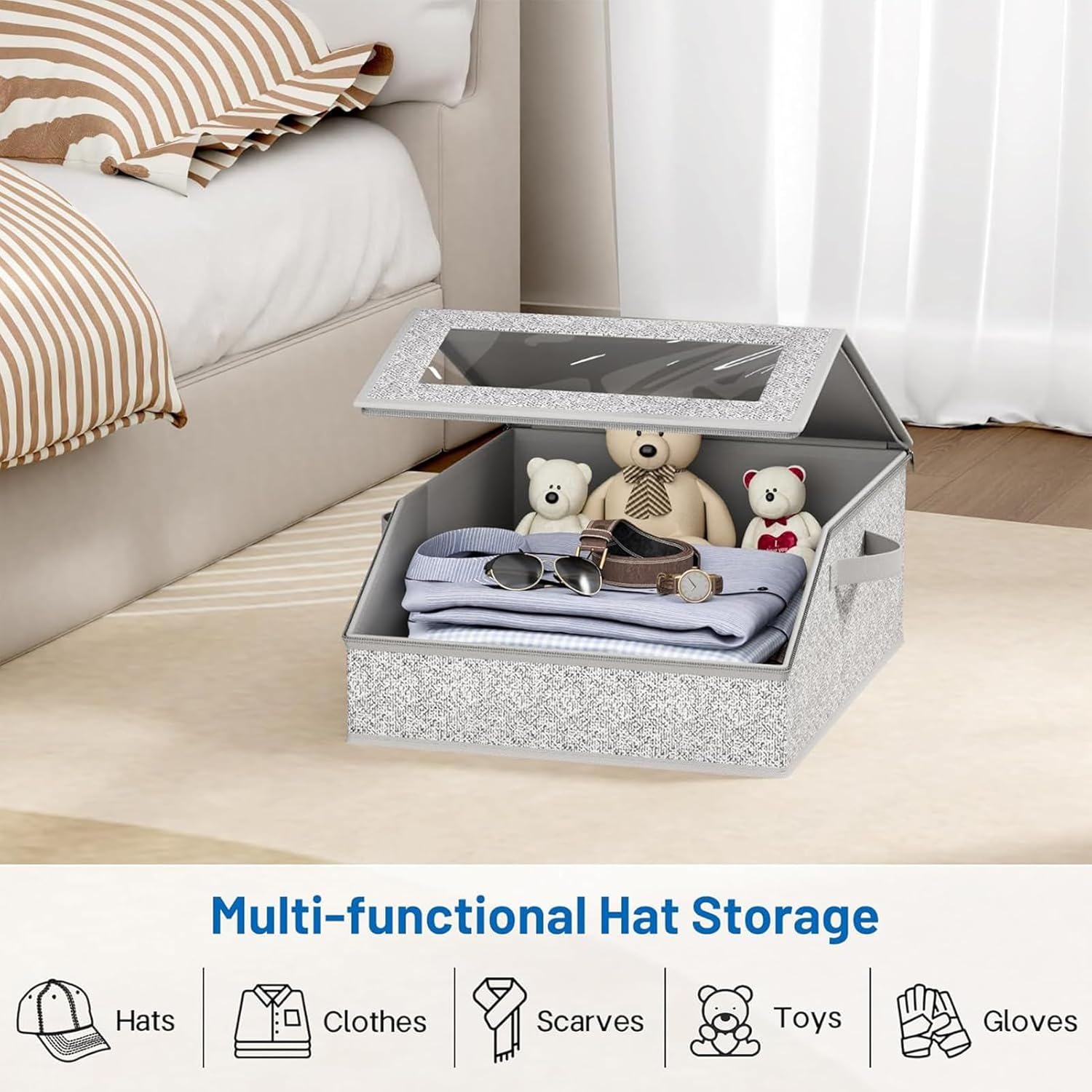 Hat Storage Box - Zipper Clear Window Container,Baseball Cap Storage Box | for Family Friends Outfits Bedroom Indoor Home Clothes Scarves Gloves