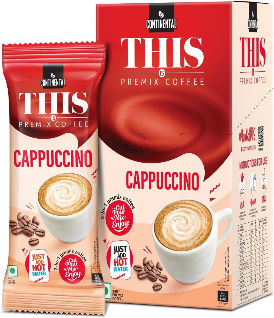 Continental THIS Cappuccino Instant Coffee Powder | 110g (5 Sachets, 22g per each) | 3In1 Instant Premix Flavoured Coffee | Smooth Flavour and Rich Taste | Just Add Hot Water | Cafe Like Coffee
