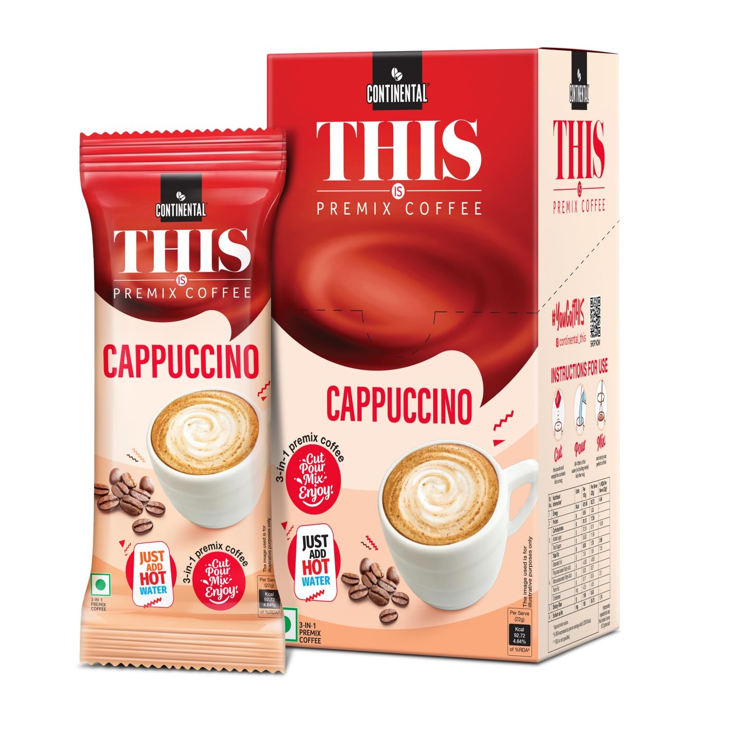 Continental THIS Cappuccino Instant Coffee Powder | 110g (5 Sachets, 22g per each) | 3In1 Instant Premix Flavoured Coffee | Smooth Flavour and Rich Taste | Just Add Hot Water | Cafe Like Coffee