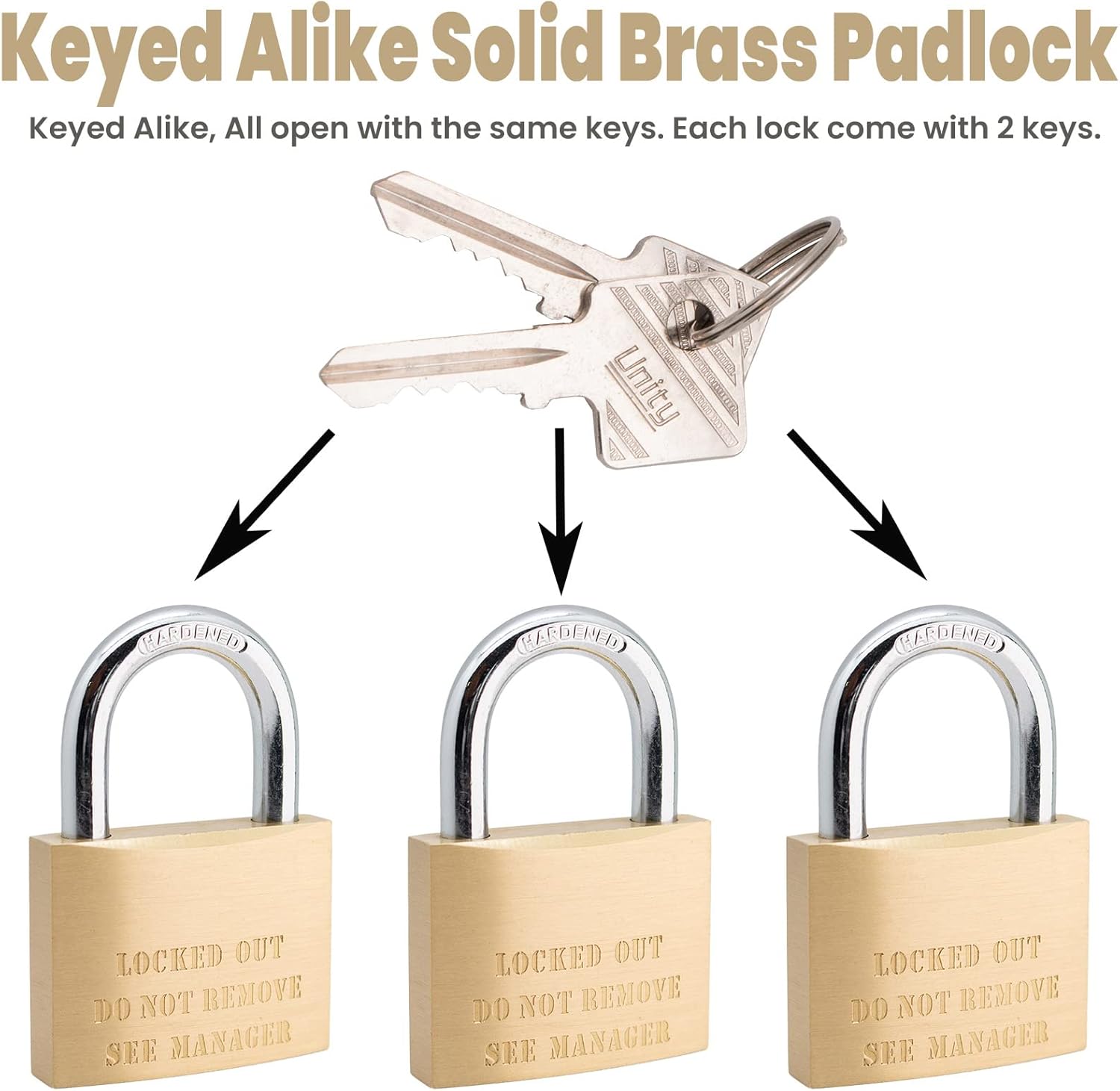 Unity Keyed Padlock Warning Logo, Solid Brass Padlock 50mm (2") for Self Storage, Storage Unit, Sheds, Truck, Trailer (50 Pack)