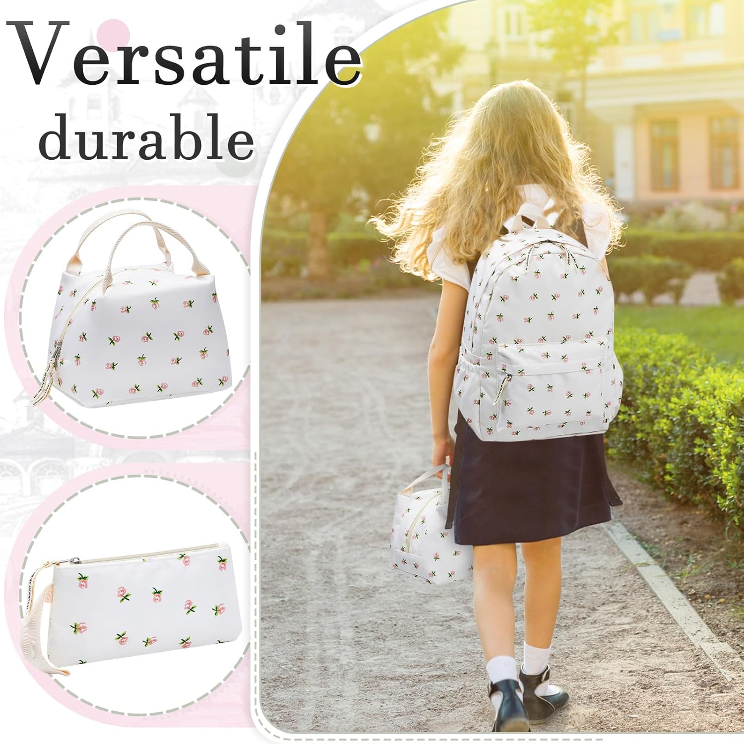 Zeyune 3 Pcs Waterproof Flower Backpack Set Christmas Gifts for Girls Students Teen Including School Bookbag Lunch Bag and Pencil Case Lightweight Floral Knapsack for Primary Middle High School Travel - Image 4