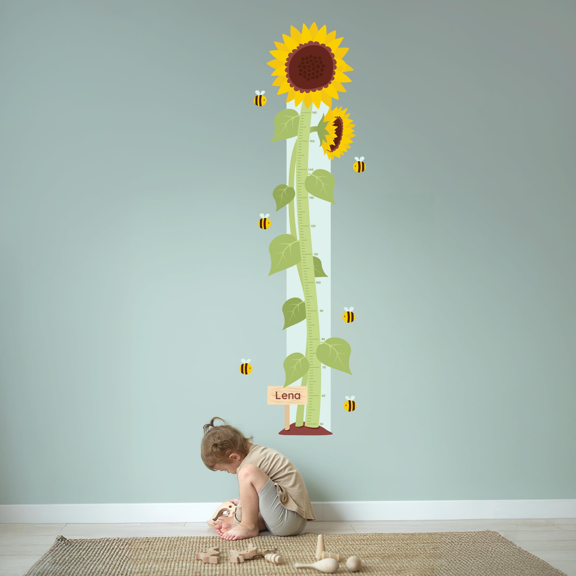 Klebekerlchen® | Personalisierte Messlatte als Wandtattoo fürs Kinderzimmer | Zum Messen der Körpergröße bis zu 160 cm | Inklusive individueller Personalisierung - Sonnenblume