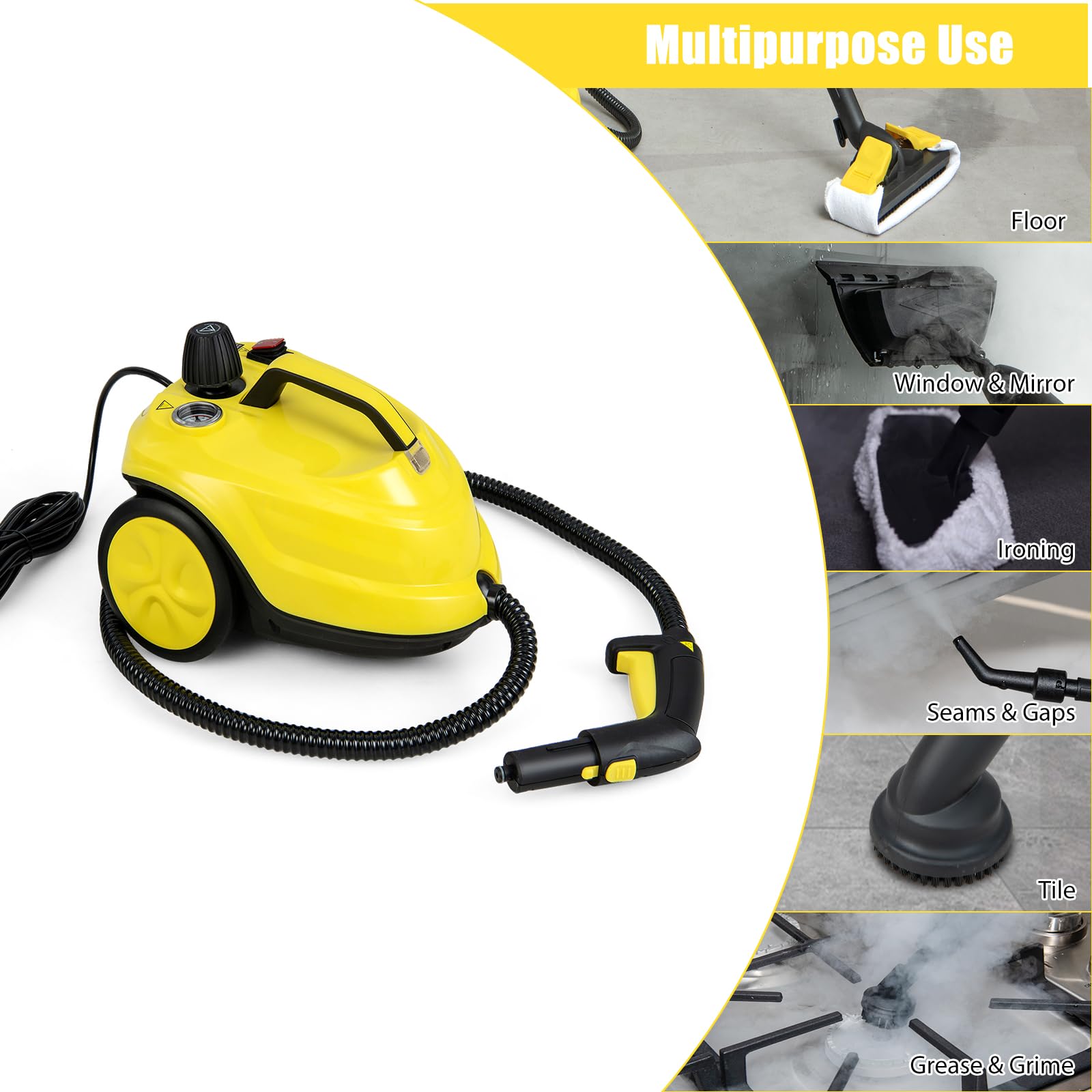SOARS Potente Pulitore a Vapore 2000W, 14 Accessori, Pressione Massima 5 Bar, Temperatura 160℃, Riscaldamento Rapido 8 Minuti, Serbatoio 1,8L, per Pavimenti, Divani, Cucina, Superficie 108 m² (Giallo)