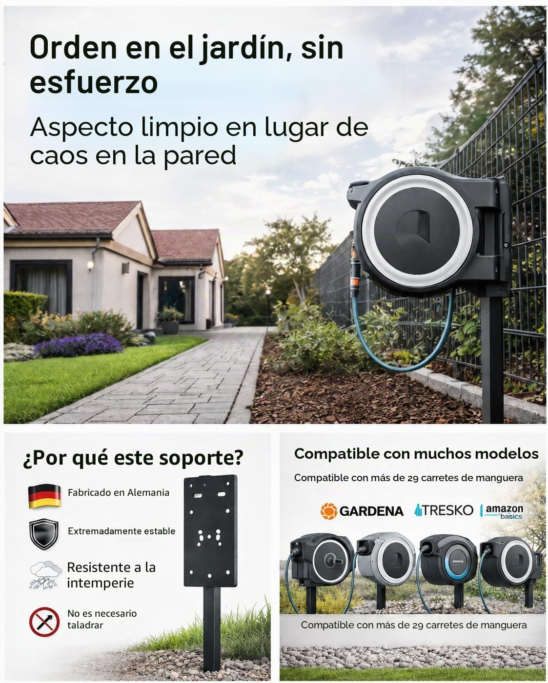 Soporte para caja de manguera y carrete de manguera, independiente y estable, compatible con Gardena, Amazon Basic y más, no requiere montaje en pared