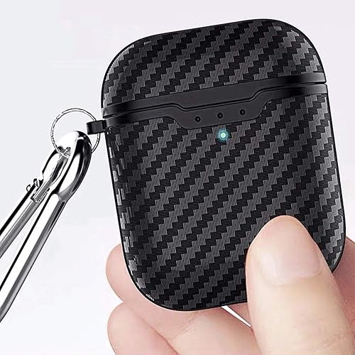 Miniatura 2 de Compatible con auriculares Airpods 1 y 2, fibra de carbono fresco grano militar anti-caída flexible TPU protector antidedos con llavero negro