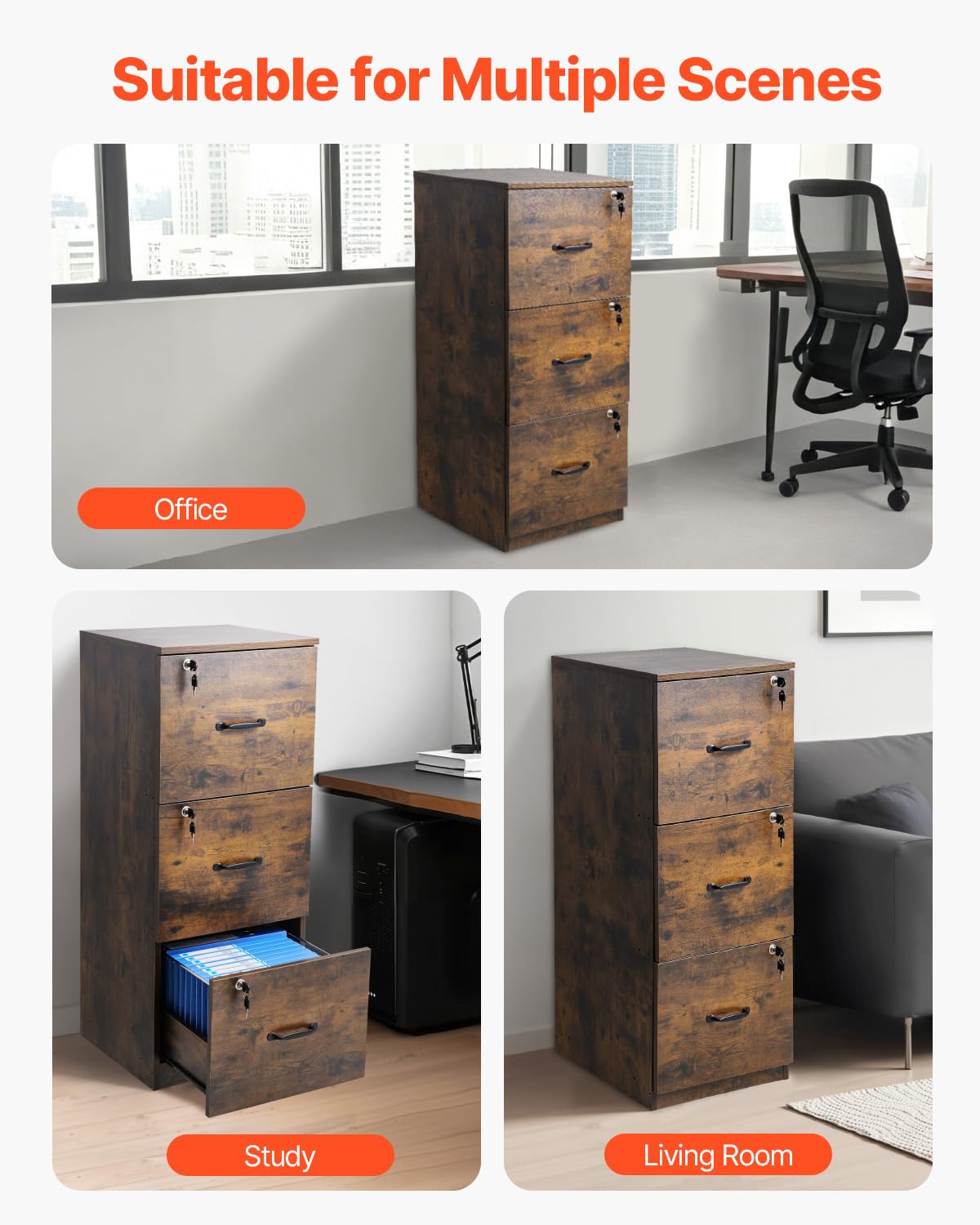 VEVOR Aktenschrank mit 3 Schubladen und Schloss, vertikale Büroschränke aus Holz für Homeoffice, Lagerschrank Materialschrank mit Verstellbarer Hängestange, Aufbewahrungsschrank für Akten im A4
