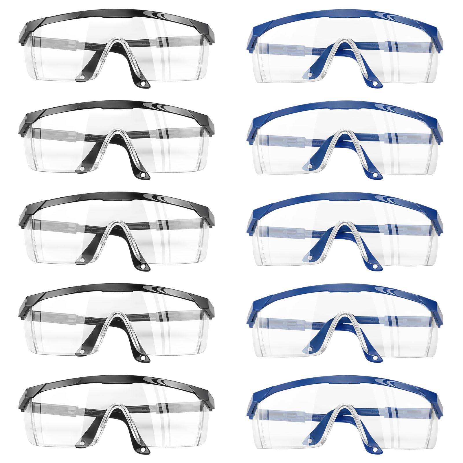 GOSHIES Schutzbrille 10 Stück Arbeitsschutzbrille Sicherheitsbrille Schutzbrille für Brillenträger mit verstellbaren Bügeln Arbeitsschutzbrille Antibeschlag Antispeichel Schwarz + Blau