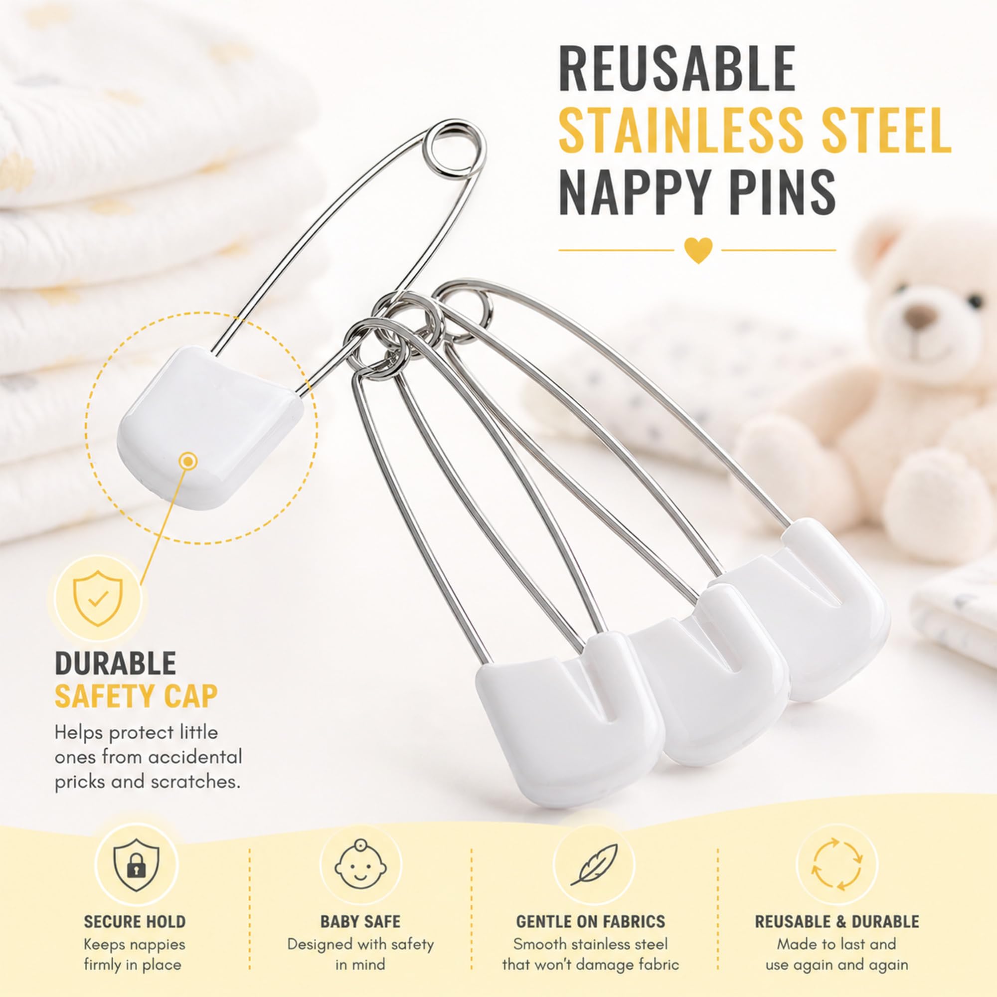 Lot de 24 épingles à nourrice en plastique pour couches de bébé, 5,6 cm, attaches de tête durables avec fermetures à verrouillage de sécurité, idéales pour les couches en éponge, les couches plates et
