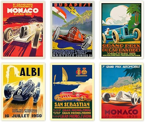 Wallbuddy Juego de 6 pósteres de carreras de autos del Gran Premio F póster de fórmula de carreras de autos impresos de carreras de automóviles 1930