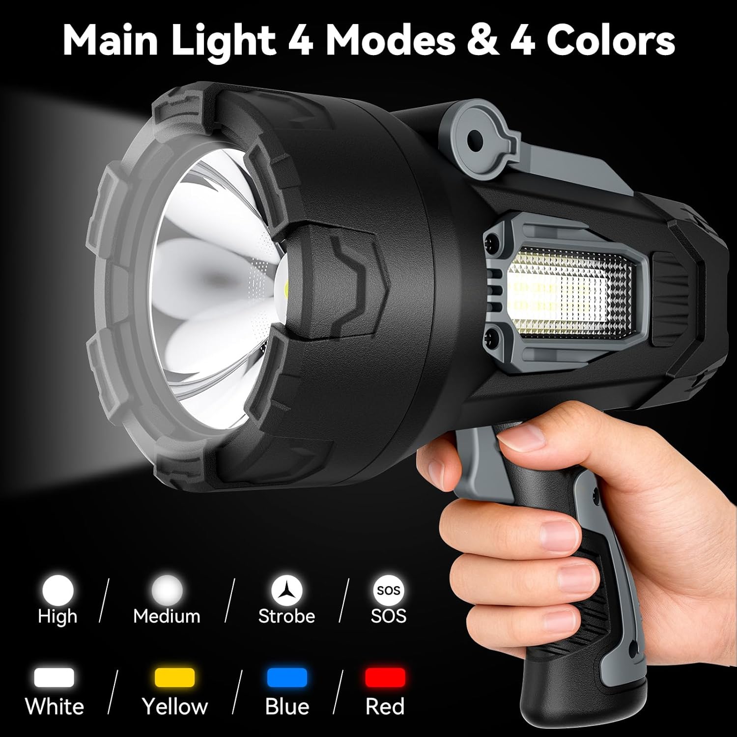Rechargeable Spotlight 200000 Lumens, Waterproof Super Bright Spotlight Flashlight, LED Spotlights with 3 Color Lenses and Foldable Stand, Long Runtime Large Handheld Spot Light for Outdoor Boating