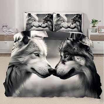 Black and White Duvet Cover Set Cal King, Two Wolves Bedding Microfiber 3 Piece with 2 Pillow Shams & Zipper Closure, Animals Comforter CoverSuper Soft Comfy