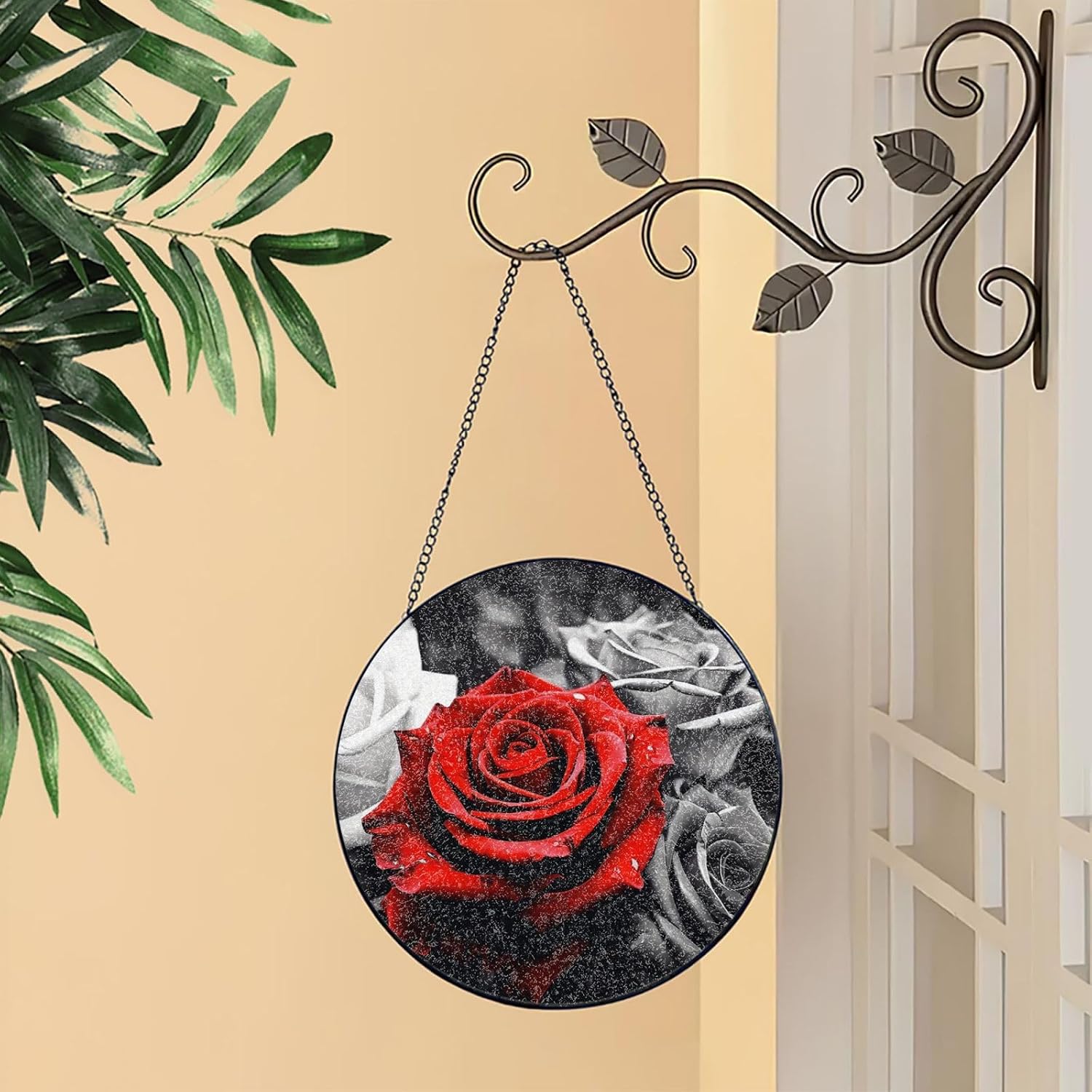 Black White and Red Roses Stained Glass Suncatcher for Window Hanging Sun Catcher Ornament for Women Men Suncatcher for Home Decor, 10in（25cm） Round Glass Ornament for Mother's Day Birthday Gift