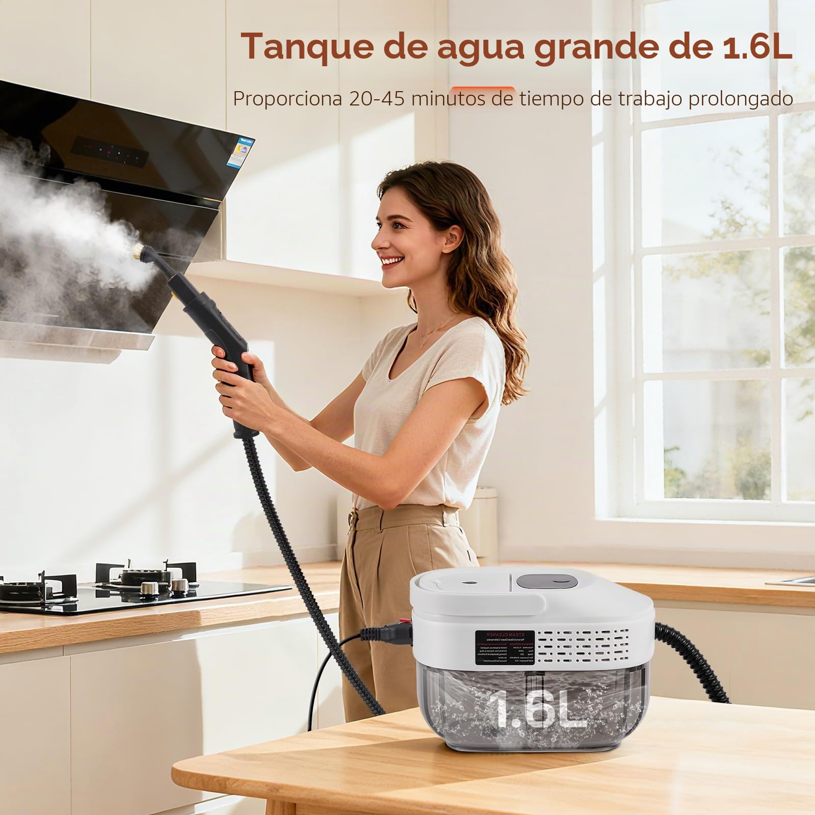 Limpiador de Vapor Portátil 2500W con Depósito de 1,6L – Presión de 3 Bar y Vapor a 105°C – Limpieza Multiusos Sin Químicos para Suelos, Cocina, Ventanas, Tapicería