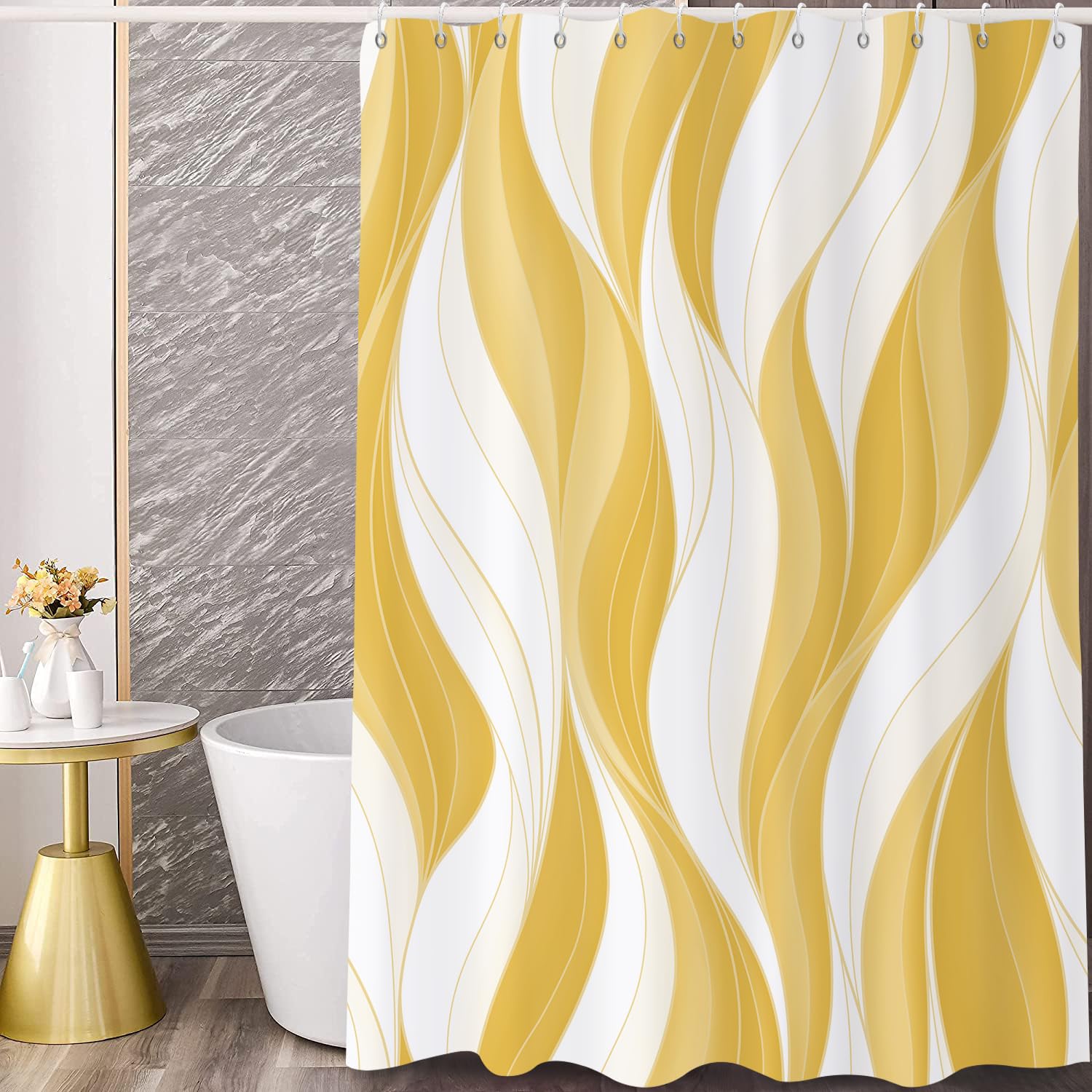 GCIREC Shower Curtain, 90x180cm, Modern Abstract Yellow White Ombre Striped Minimalist Art Waterproof Fabric Machine Washable Bathroom Curtain with Hooks