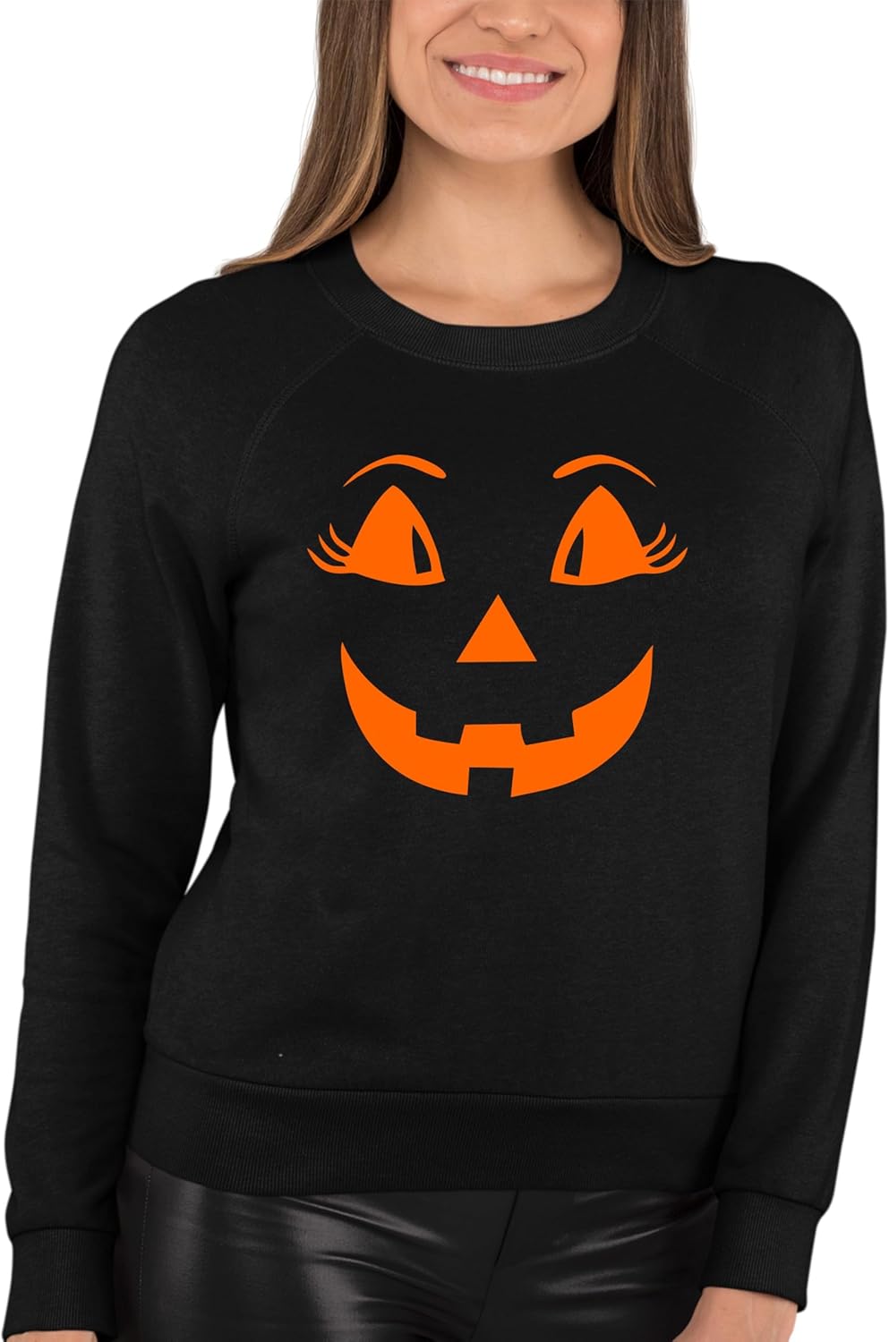 Go All Out Adult Female Jack O Lantern Pumpkin Funny Halloween Sweatshirt Crewneck - Image 2