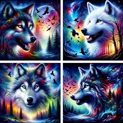 SHICERNHJ Paquete de 4 kits de arte de diamantes de la serie Animal Wolf para adultos, kits de pintura de diamantes 5D para principiantes, puntos de