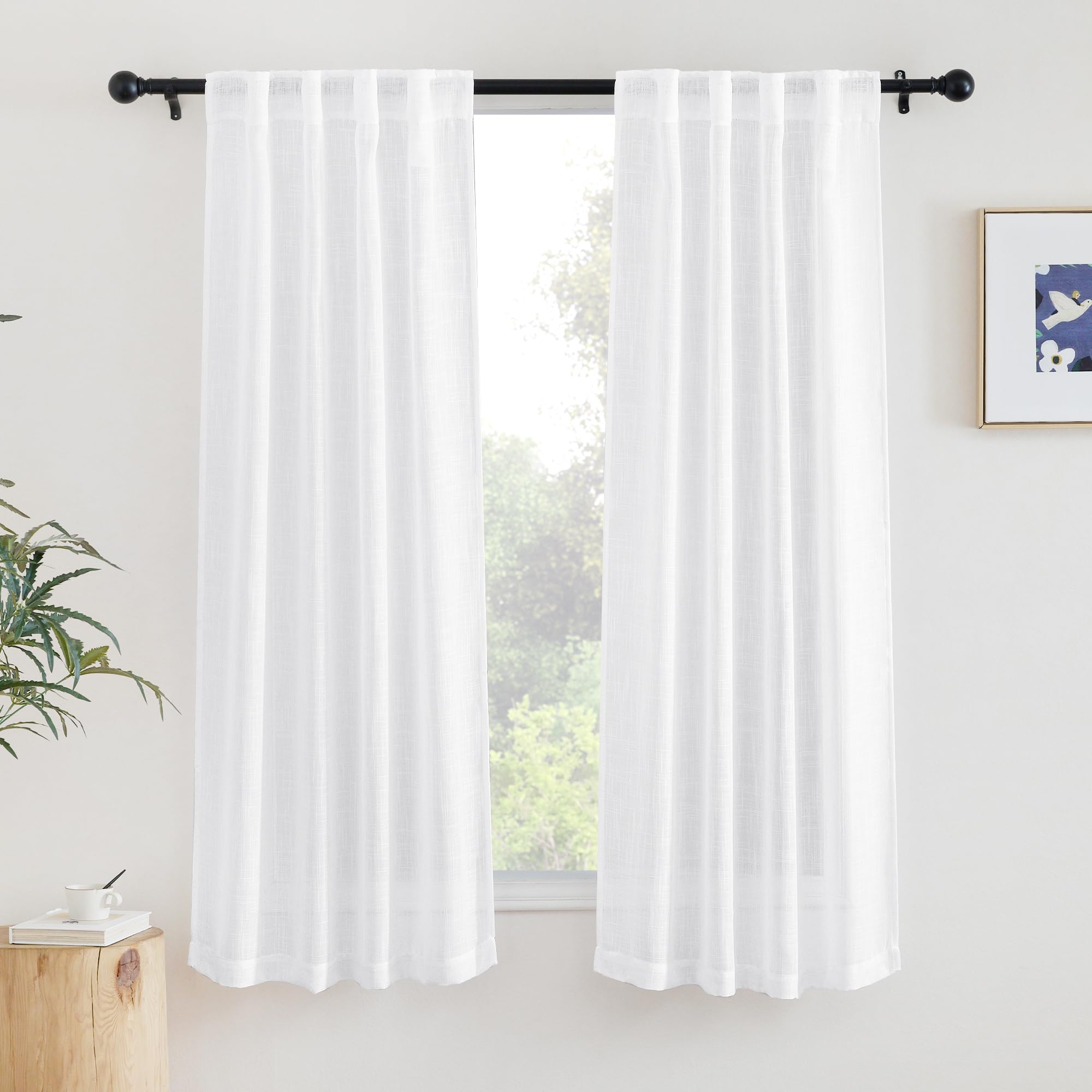 NICETOWN White Bedroom Curtains 63 inches Long, Rod Pocket & Back Tab Faux Linen Semi Sheer Window Treatments Privacy with Light Filtering for Living