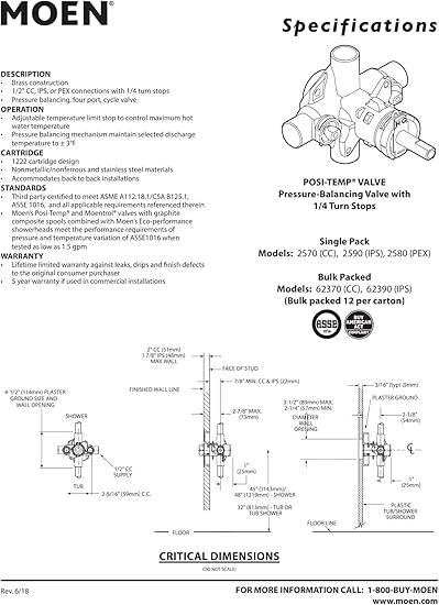 Moen 2590 Rough In Posi Temp Pressure Balancing Cycling Shower Valve With Stops 1 2 Inch Ips Single Handle Tub And Shower Faucets Amazon Com