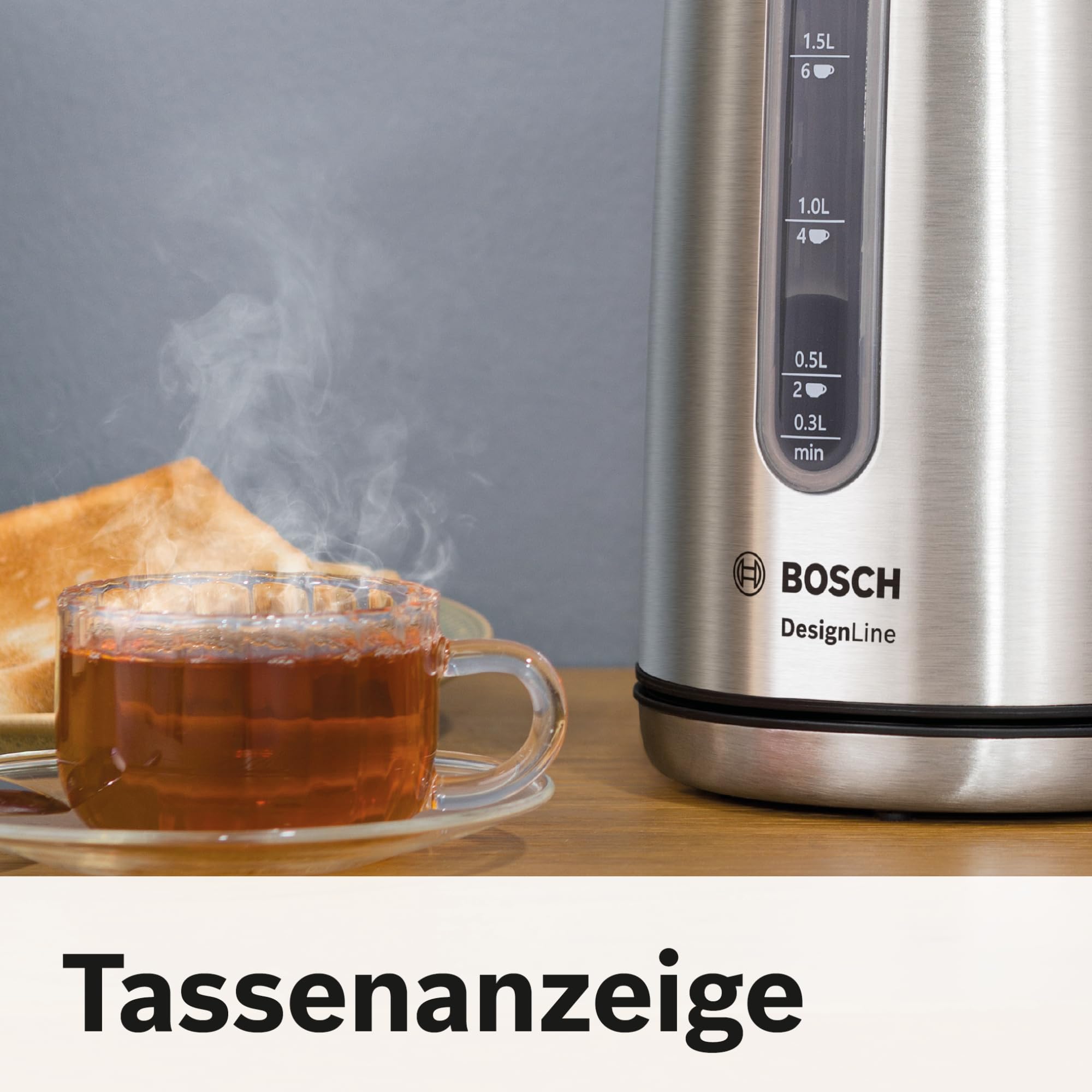 Bosch kabelloser Wasserkocher DesignLine TWK4P440, Ausgießen ohne Spritzer, Tassenanzeige, Wasserstandsanzeige, Überhitzungsschutz, 1,7 L, 2400 W, Edelstahl/schwarz
