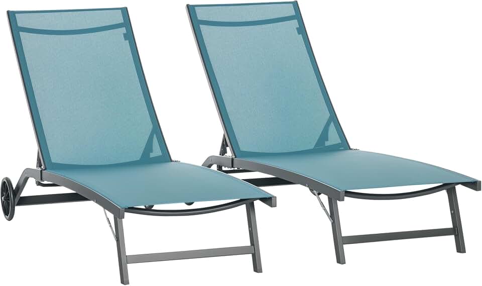 Outsunny Pack de 2 Tumbonas de Jardín Exterior Tumbonas Reclinables de Aluminio con Respaldo Ajustable de 5 Niveles y Ruedas para Playa Piscina 165x66x102 cm Azul y Gris