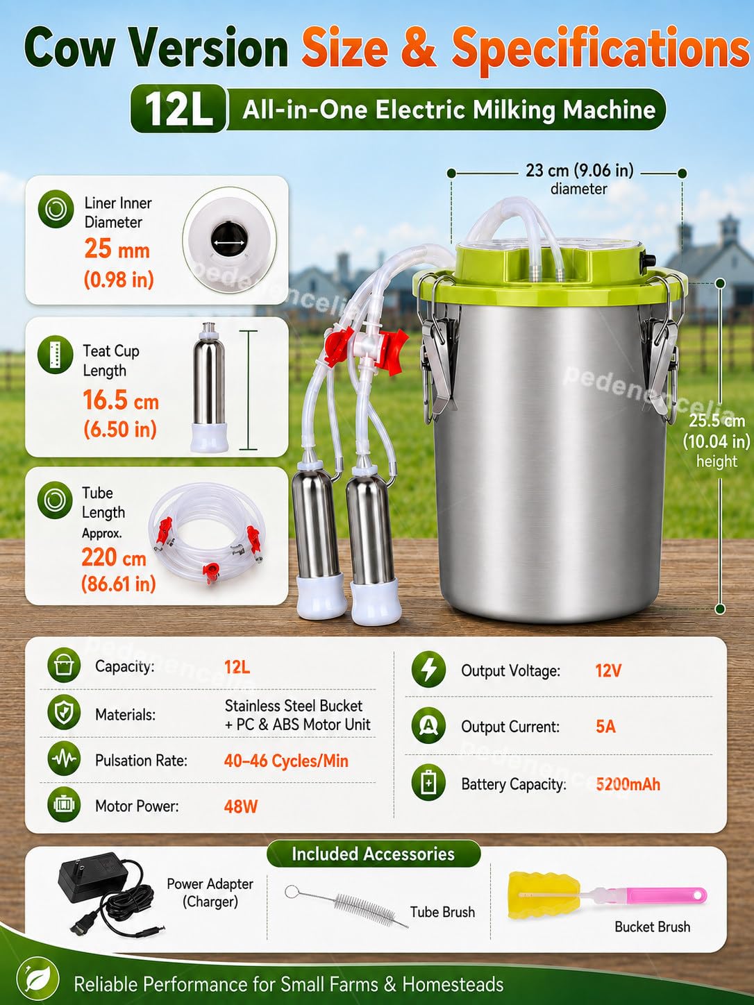 Mungitrice da 12 L per Capre/Mucche, Mungitrice Elettrica cattle | Mungitrice Elettrica Portatile, Design Portatile Tutto in Uno, Pulsazione Regolabile