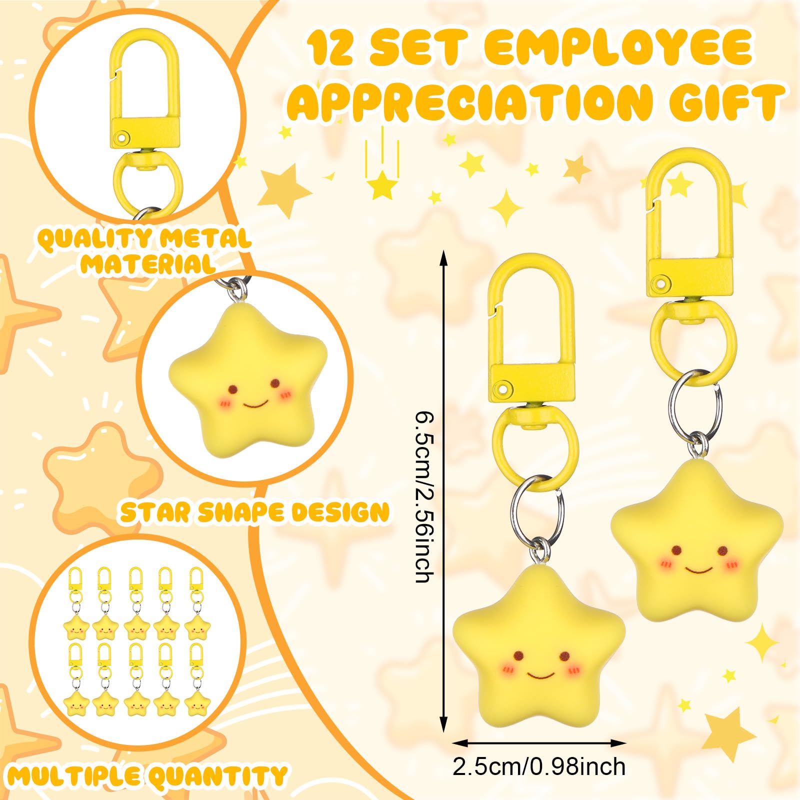 WWmily 36 Pcs Employee Appreciation Gifts Employee of the Month Recognition Favors 12 Sets Inspirational Star Ballpoint Pens Small Yellow Fat Star Keychains Thank You Cards for Coworker Teacher - Image 3