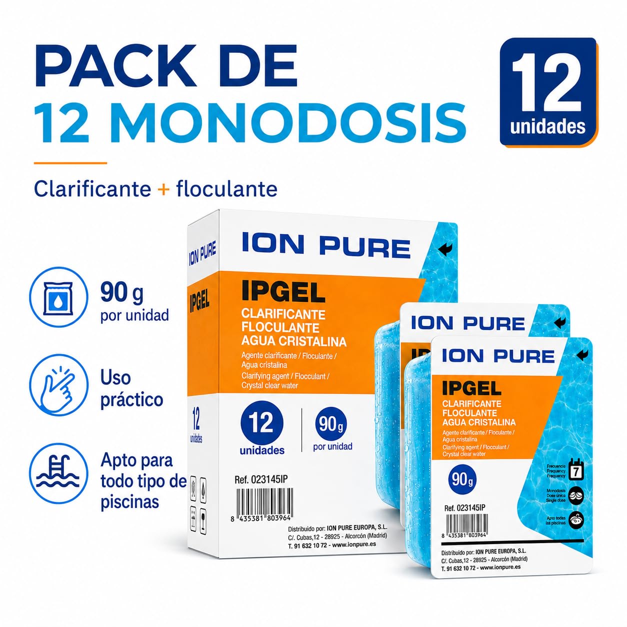 IPGEL Gel Floculante y Clarificante para Piscina, Monodosis de 90 g, Pack de 12 Unidades, Tratamiento Semanal, Apto para Todo Tipo de Piscinas