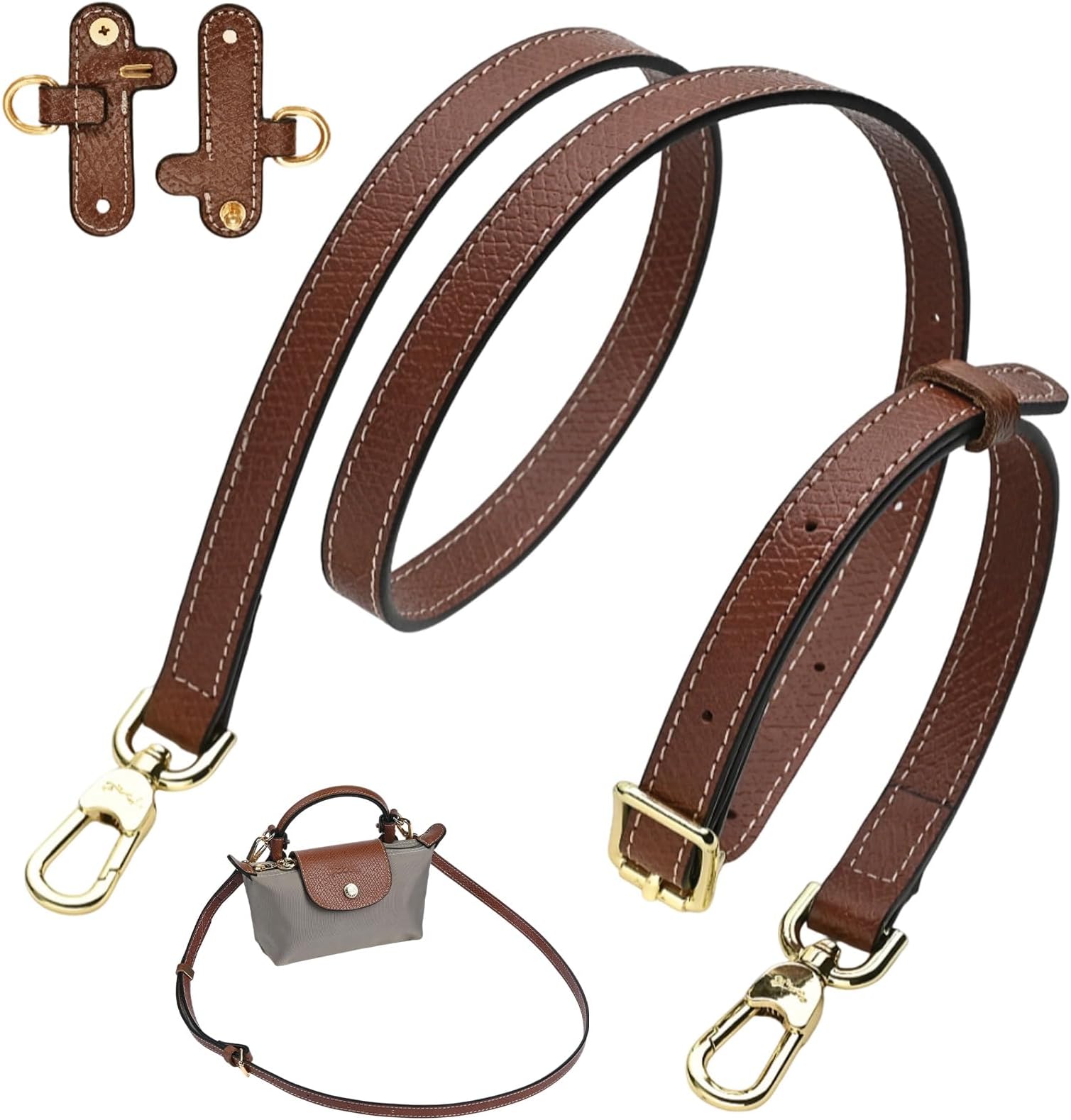 Strap Compatible For Longchamp Mini Bag, Adjustable Buckle Design In Leather Brown, Punch-Free Installation For Longchamp Le Pliage Original Pouch With Handle & Small Bags