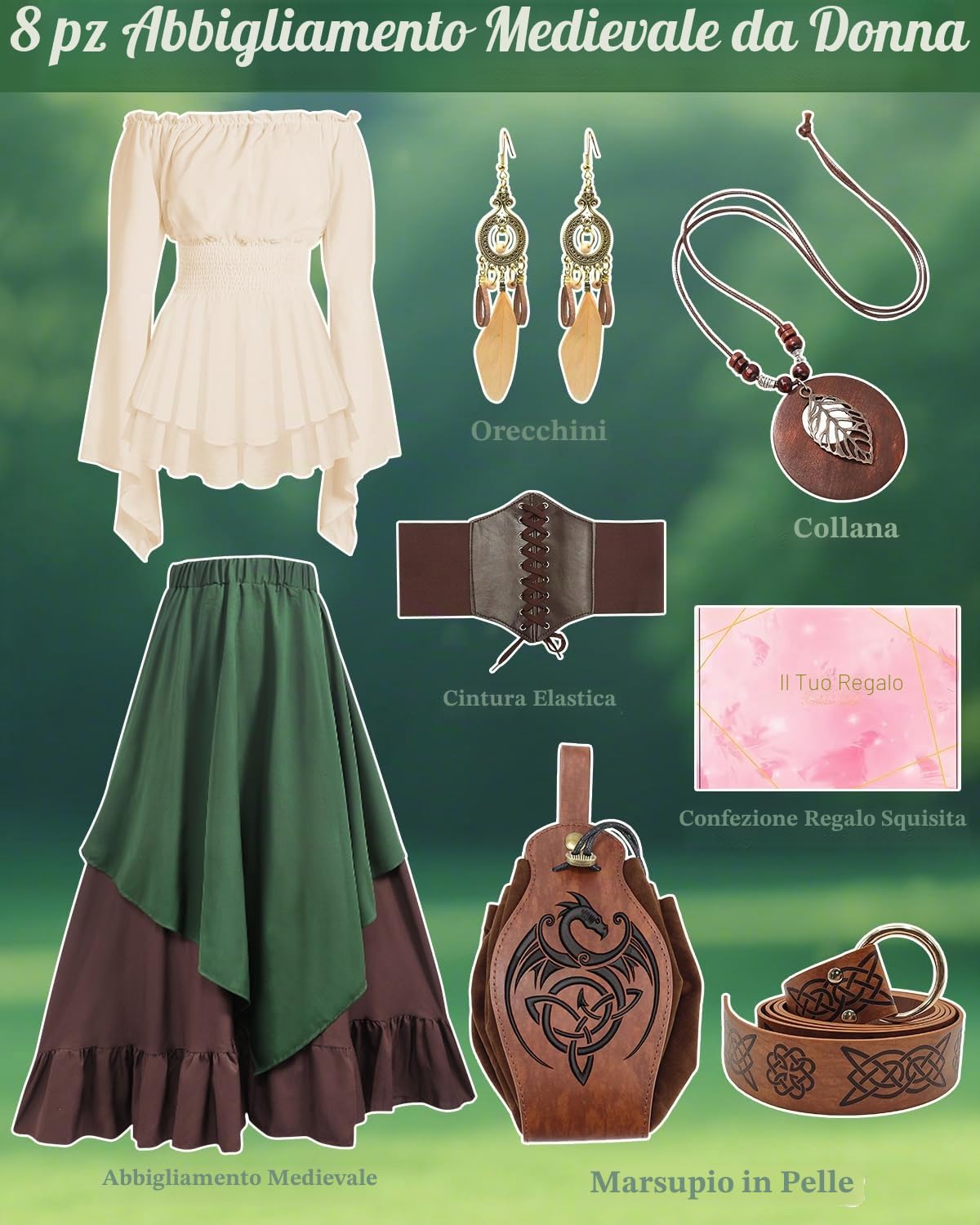 Set di Vestiti Medievali da Donna, Maxi Abito Rinascimentale con Spalle Scoperte, Maniche Corte, Marsupio, Costume Rinascimentale da Donna per Giochi di Ruolo Rinascimentali e Medievali