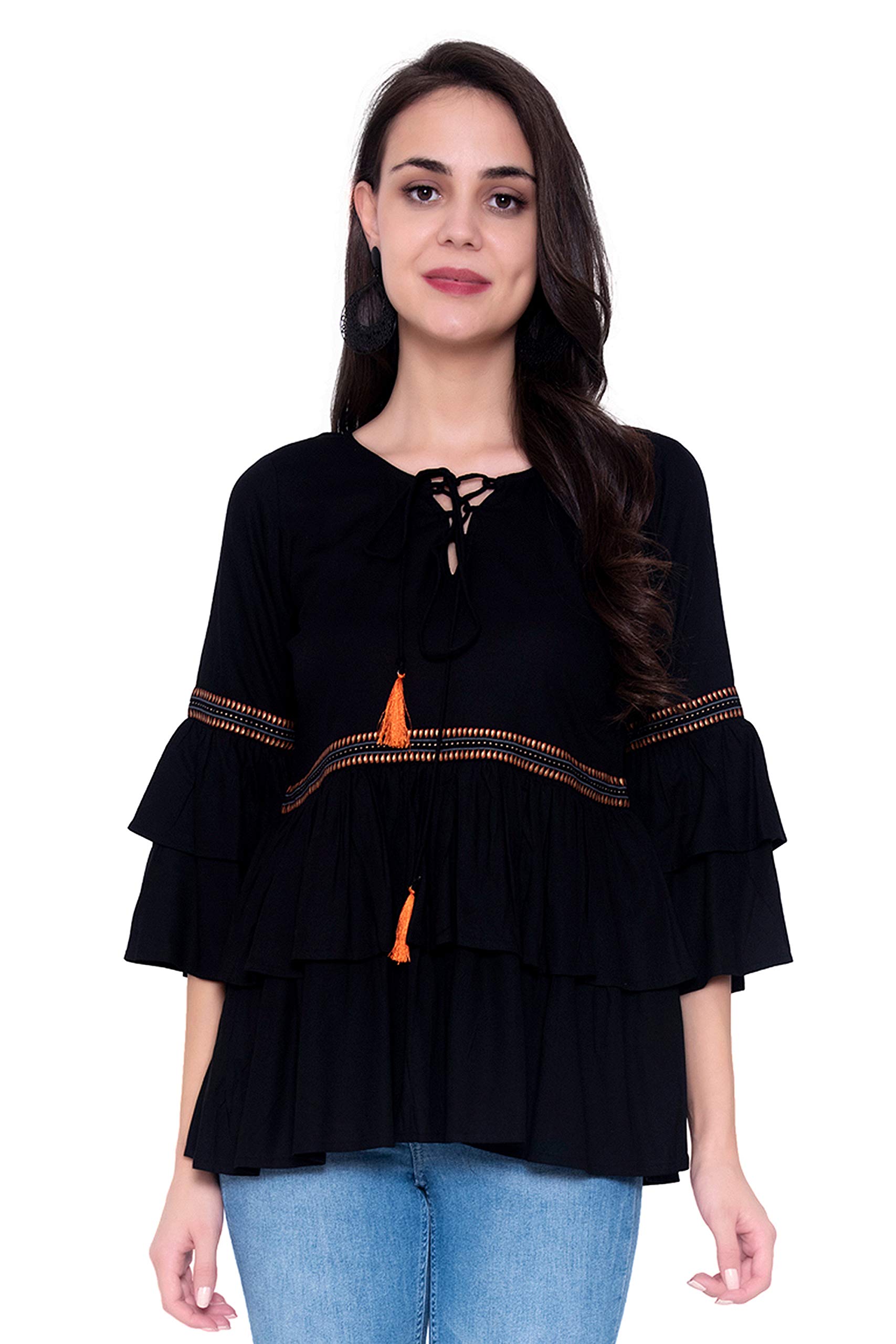 GOD BLESS Black Colored Rayon Solid Printed Double Bell Sleeves Tops