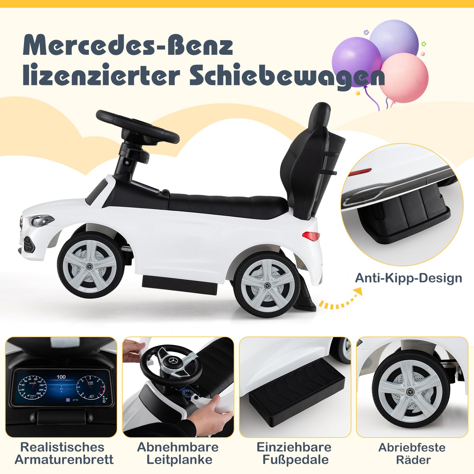 COSTWAY Mercedes-Benz Rutschauto, 3-in-1 Rutschfahrzeug mit Schiebegriff, Stauraum & Lenkschieber, Schiebauto mit Hupe & Sound, Rutscher Auto für Kinder ab 1 Jahr (Weiß)