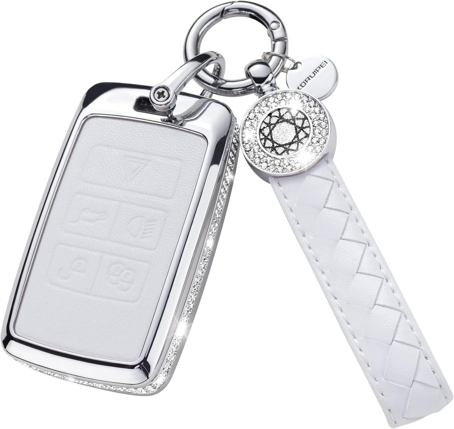 KGAIXN Pink Faux Leather Car Key Fob Cover with Keychain, for Land Rover Discovery Sport Evoque Velar Jaguar F-Pace XE XF F-Type XJ, model2-white, model2-white