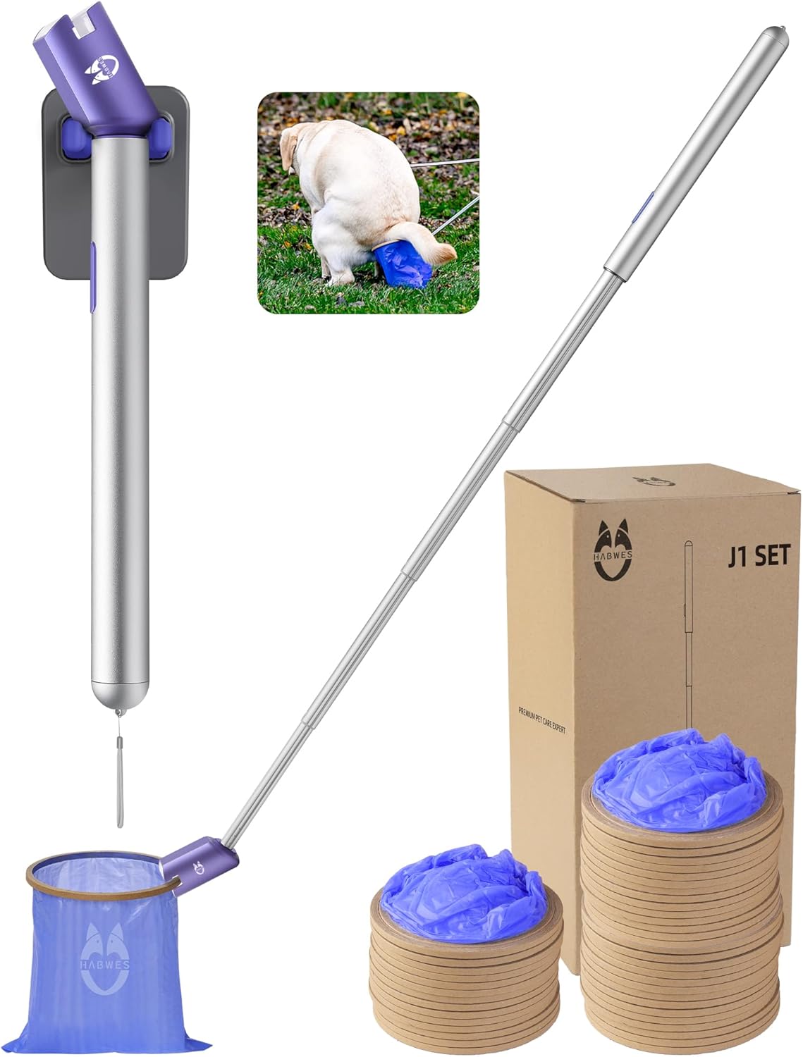 HABWES Touchfree Pooper Scooper with 90 PCs Poop Bags