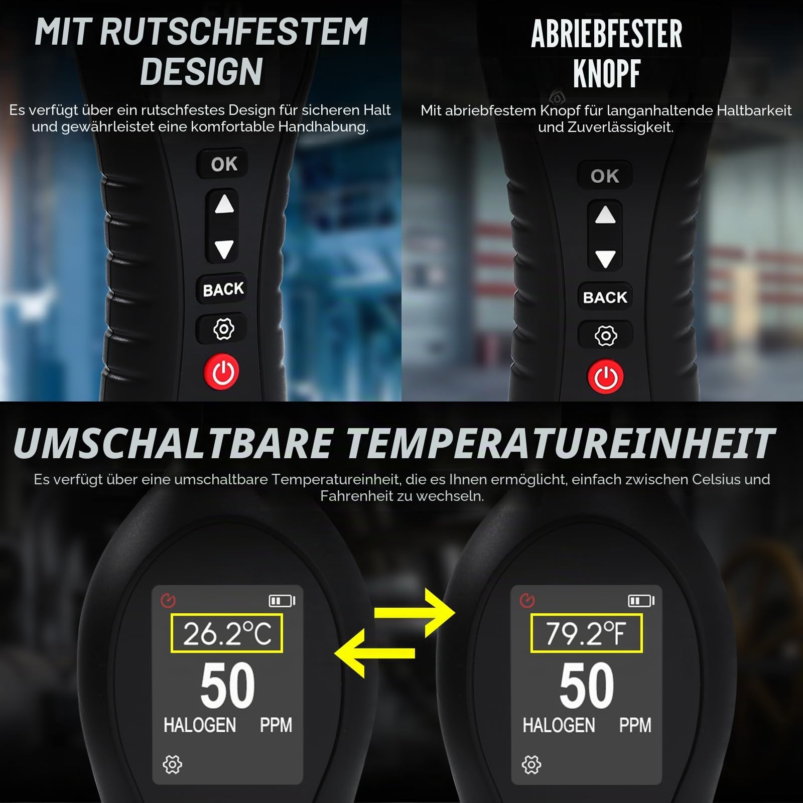 HVAC Kältemittel-Leckdetektor Freon Sniffer Leckdetektor mit 25,4 cm flexibler Sonde, 0–1000 ppm Reichweite, farbiges Display, für Automobil- und Klimaanlagen (FCKW, HFCs, HFCs)