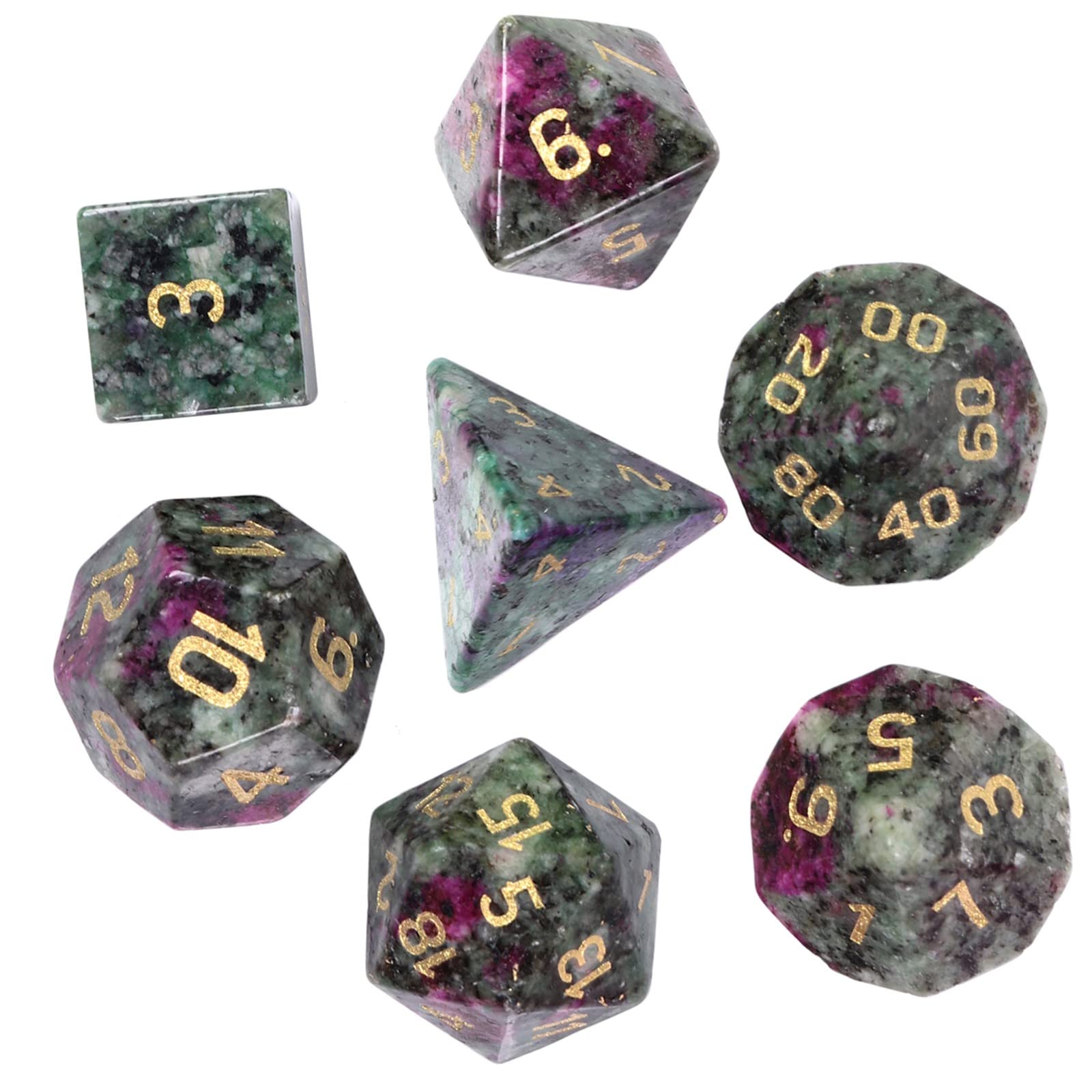 TUMBEELLUWA Engraved Crystal Stone Polyhedral Dice Set for RPG MTG Dungeons and Dragons Table Game 7 Pieces DND Board Game Dices with Pouch, Ruby in Fuchsite