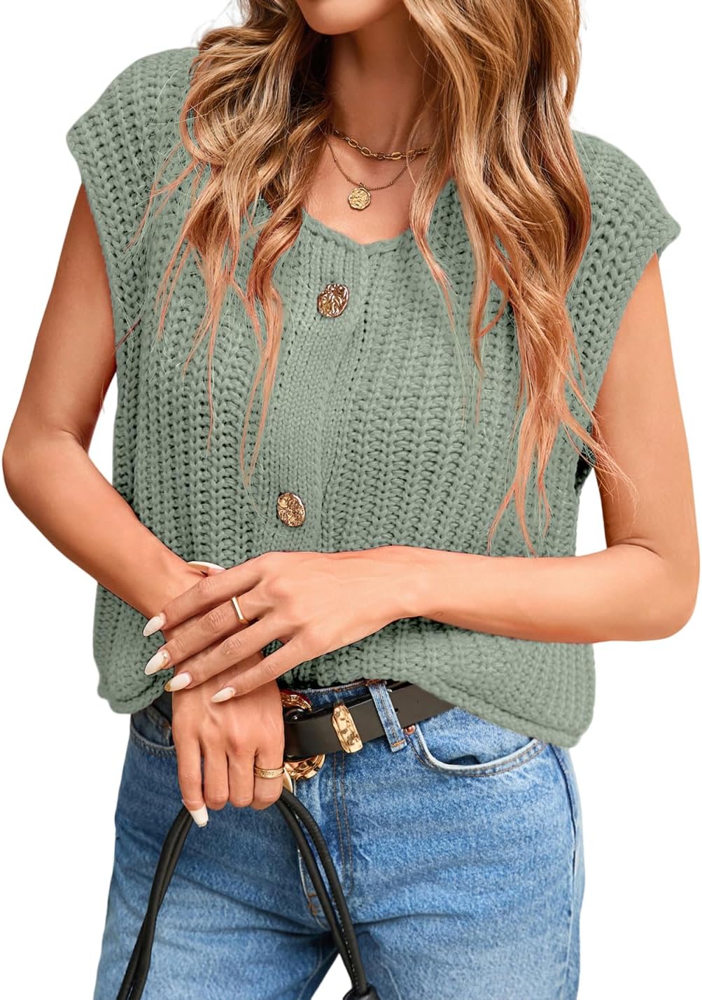 Women's Oversized Cute Cap Sleeve Sweater Vest Fall 2024 Lightweight Crochet Waffle Chunky Knit Button Cardigan Top