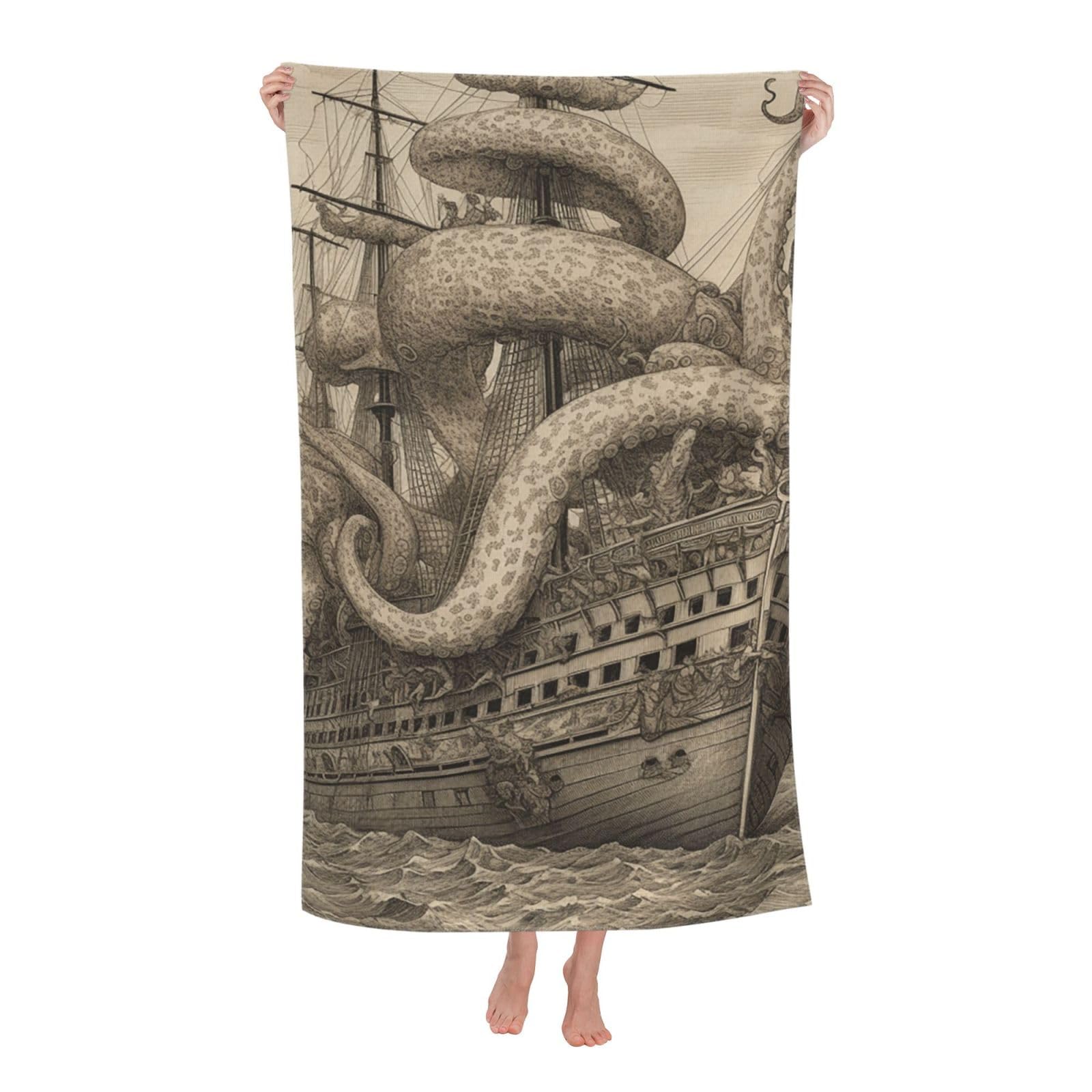 FodPand Sailing Pirate Octopus Beach Towel Oversized 52 x 32 in Sand Free Pool Swim Towels for Adult Travel Blanket Lightweight Quick Dry Absorbent Bath Towels Cruise Vacation Accessories