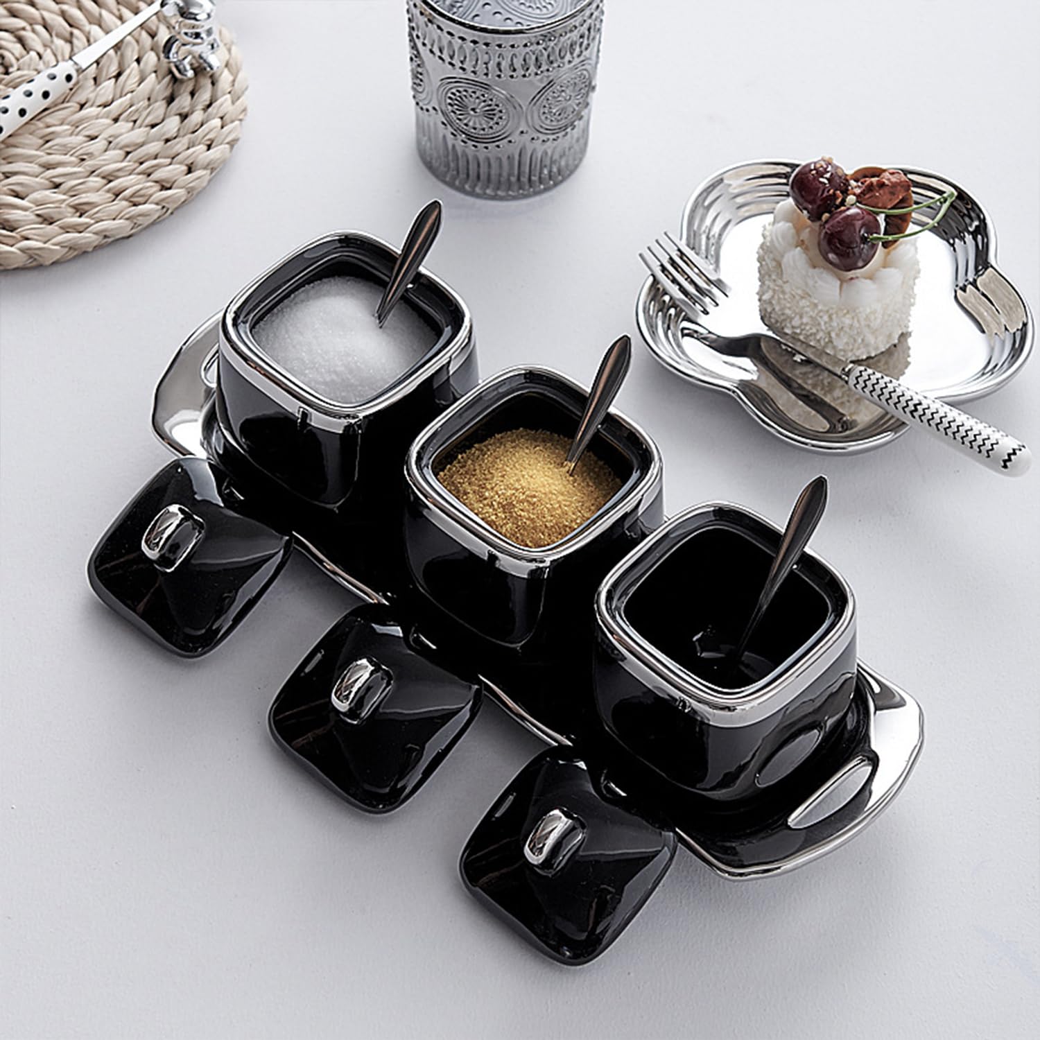 Azucarero con tapa y cuchara, juego de 3 tarros de almacenamiento de 350 ml, contenedor de azúcar, tarro de azúcar, azucarero (negro)