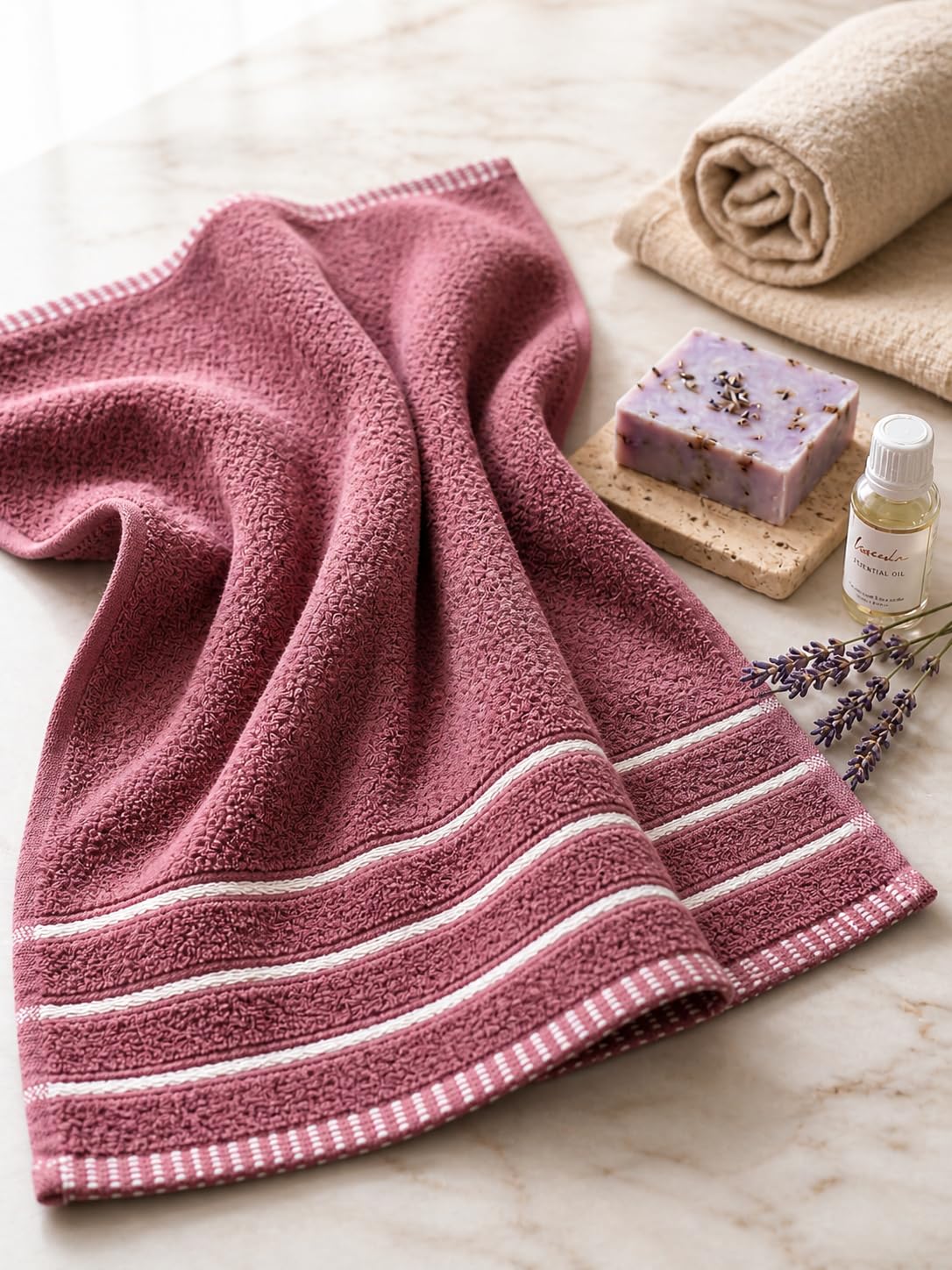 100% Cotton Hand & Gym Towel Set of 2 (41x61 cm) – 400 GSM Ultra Soft, Quick Dry, Highly Absorbent & Lightweight Striped Border Towels for Men, Women & Kids, Bathroom & Kitchen Use (Dusty Rose Pink)-picture-11