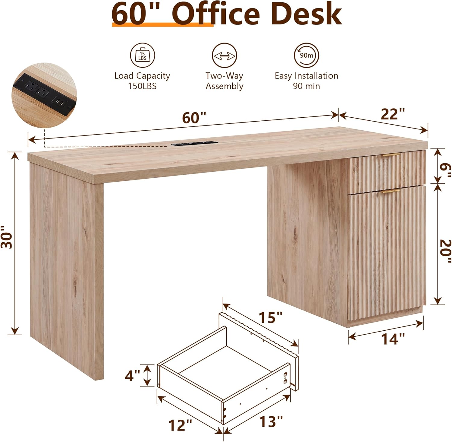 JXQTLINGMU 60" Modern Executive Desk with Storage