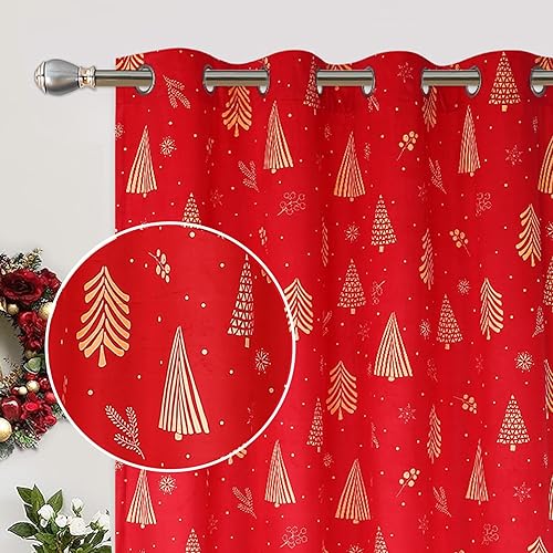 CAROMIO Cortinas de Navidad para sala de estar, 2 paneles, cortinas largas de terciopelo rojo, cortinas de decoración floral de vacaciones, cortinas