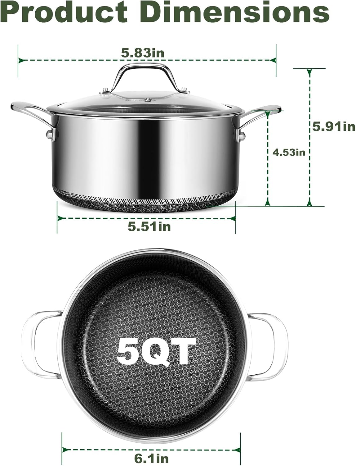 Hybrid Nonstick 5 QT Stockpot with Lid Two Handles, Stainless Steel Stockpot with Honeycomb Texture,Compatible with All Cooktops,Dishwasher and Oven Safe