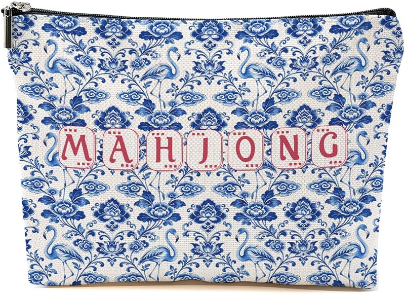 Necessaire de maquiagem BQXH com estampa Chinoiserie Mahjong, zíper, 20,07 cm x 18,03 cm x 0,25 cm