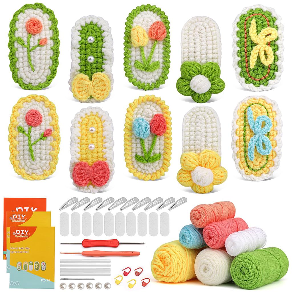 PATPAT® DIY Crochet Hair Clip Material Kit for Beginners Set of 10Pcs DIY Crochet Hair Clips Bang Clip Material Kit Starter Friendly Gift for Lovers