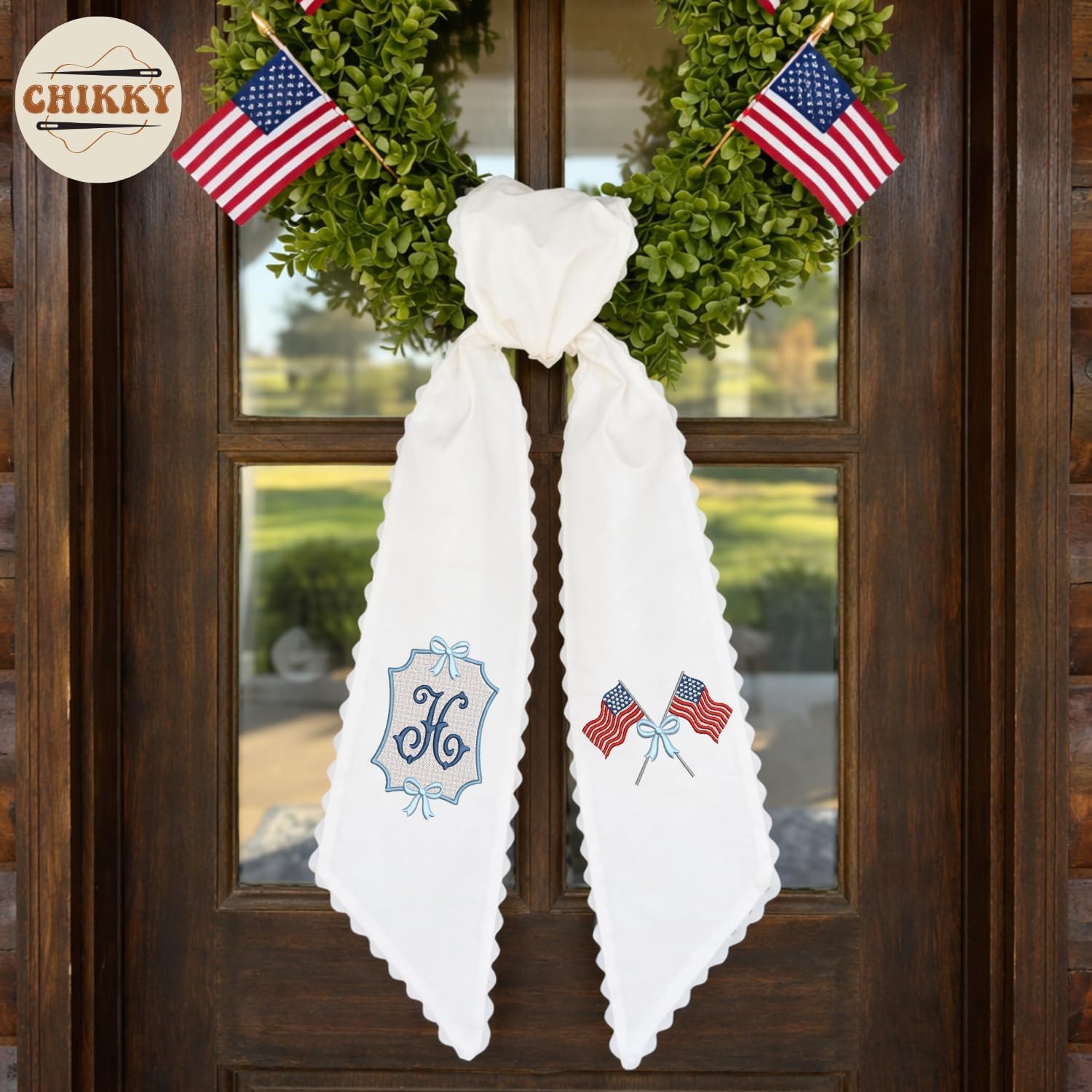 Monogram Wreath Sash Bow for Front Door, Embroidered Ribbon with Adjustable Bow Knot Farmhouse Door Wreath Decor, Patriotic 4th of July Sash for Holiday Memorial Day (01 - American Flag)