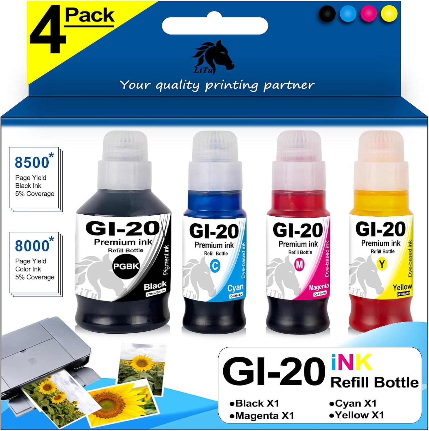 4-Pack GI-20 Ink for Canon GI-20 Ink Refill Bottles (170ml PGBK, 70ml CMY)