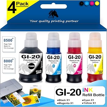 4-Pack GI20 GI-20 Ink Refill Bottles Kit Ultra-high Capacity Compatible for Canon PIXMA G6020 G7020 G5020 MegaTank Printers 170ml GI-20 Black Pigment, 70ml GI20 Cyan/Magenta/Yellow