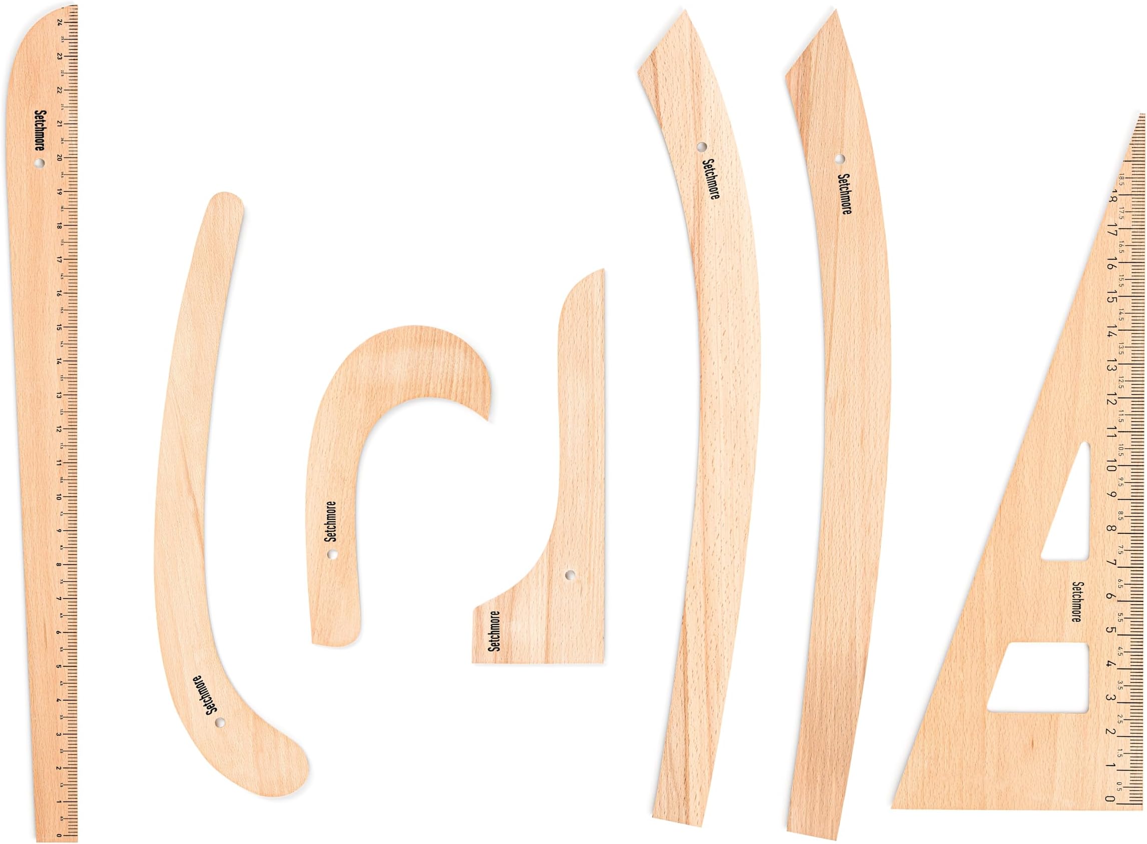 7 Piece Beech Wood Sewing Ruler Set, Wooden Pattern Making & Drafting Tools for Dressmaking Tailoring & Fashion Designer, with Straight Edge, Triangle, French & Hip Curve & Vary Form Curve
