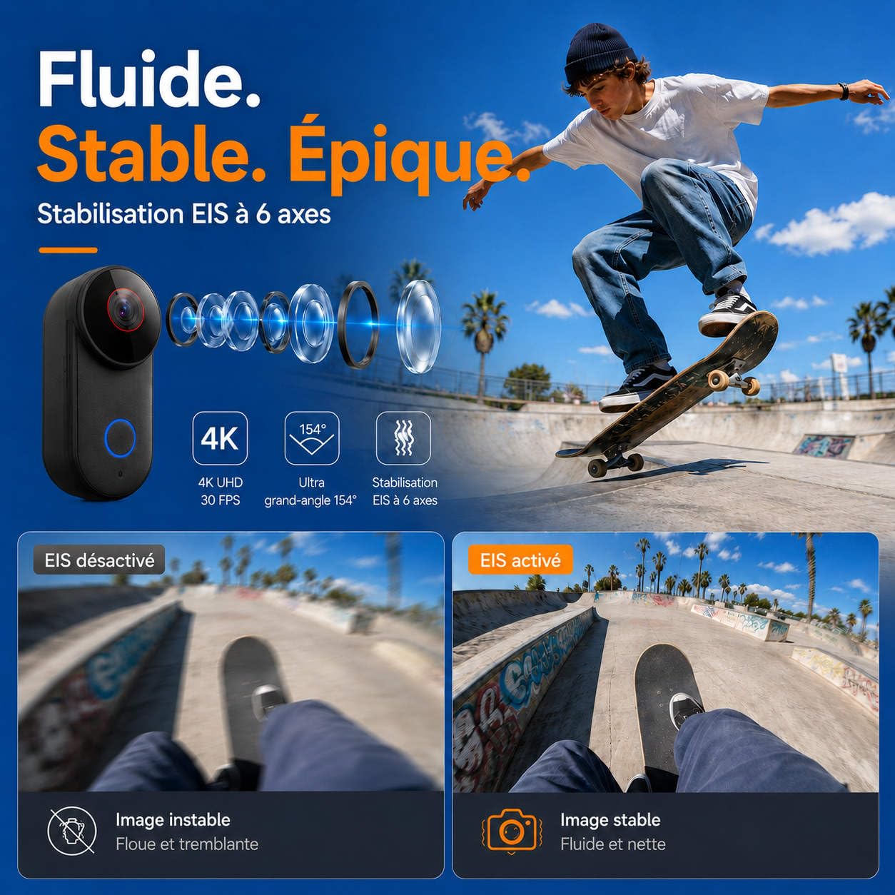 T71M Caméra Sport 4K, Mini Caméra POV avec EIS 6 Axes, Grand Angle 154°, Carte 64 Go,Étui de Charge, Pendentif Magnétique, Supports Guidon et Casque, Caisson Étanche 30m